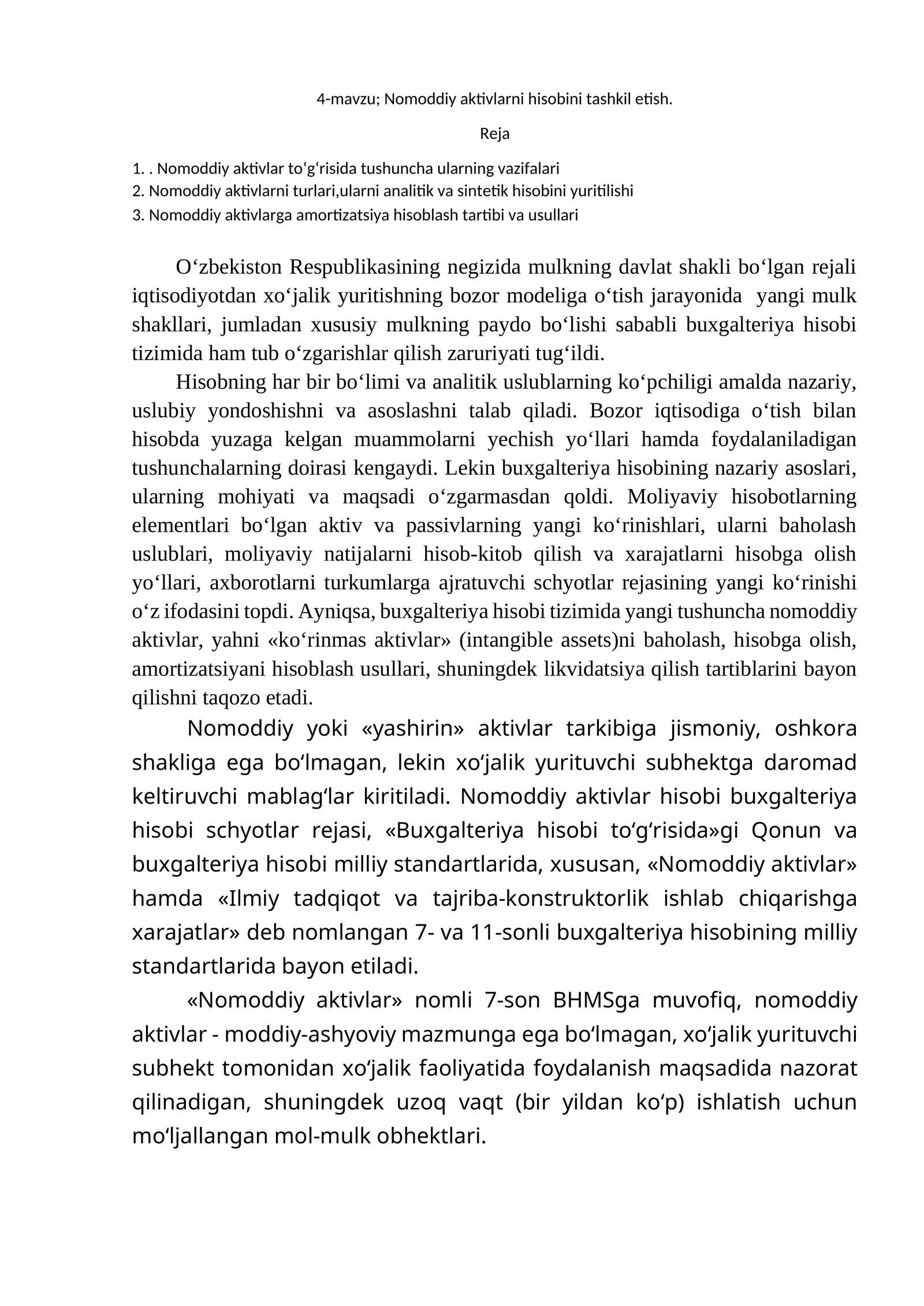 Nomoddiy aktivlarni hisobini tashkil etish