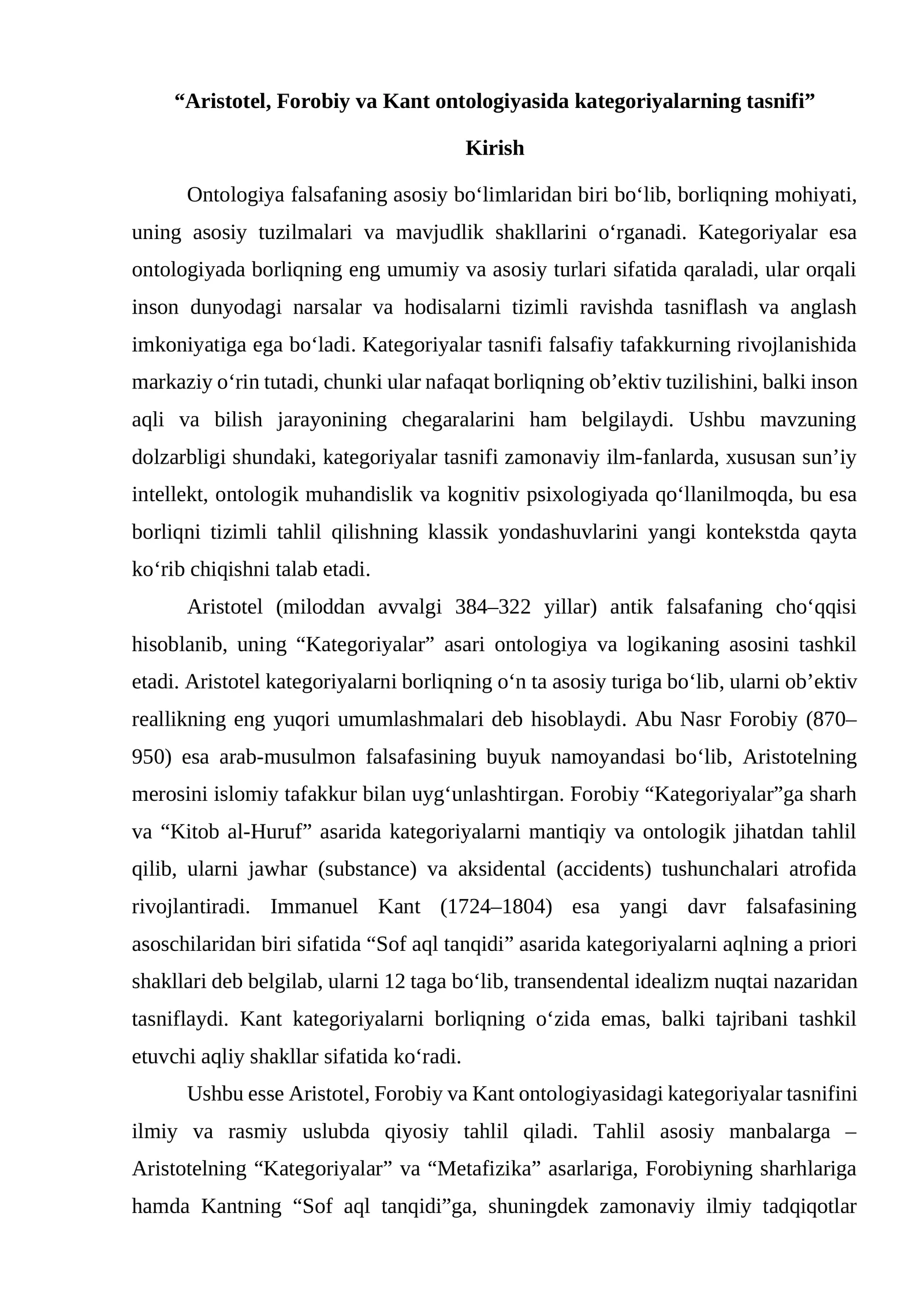 Aristotel, Forobiy va Kant ontologiyasida kategoriyalarning tasnifi