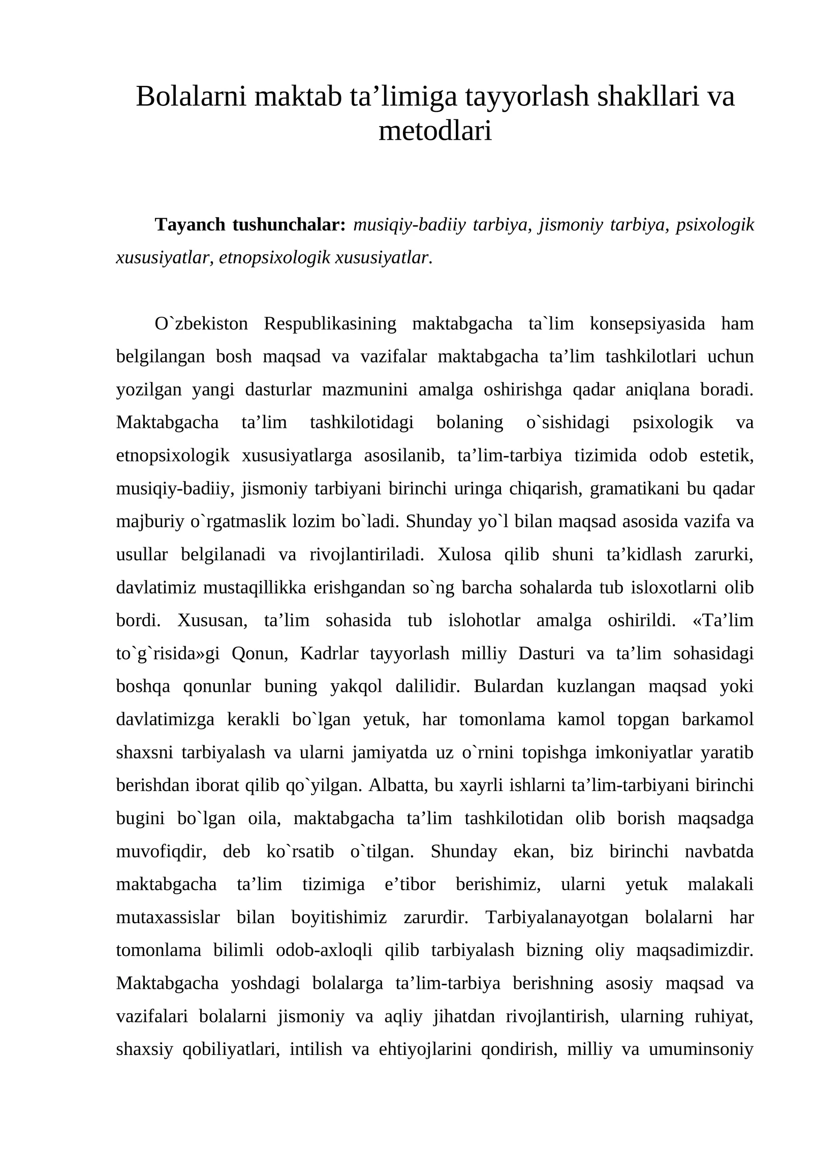 Bolalarni maktab ta’limiga tayyorlash shakllari va metodlari