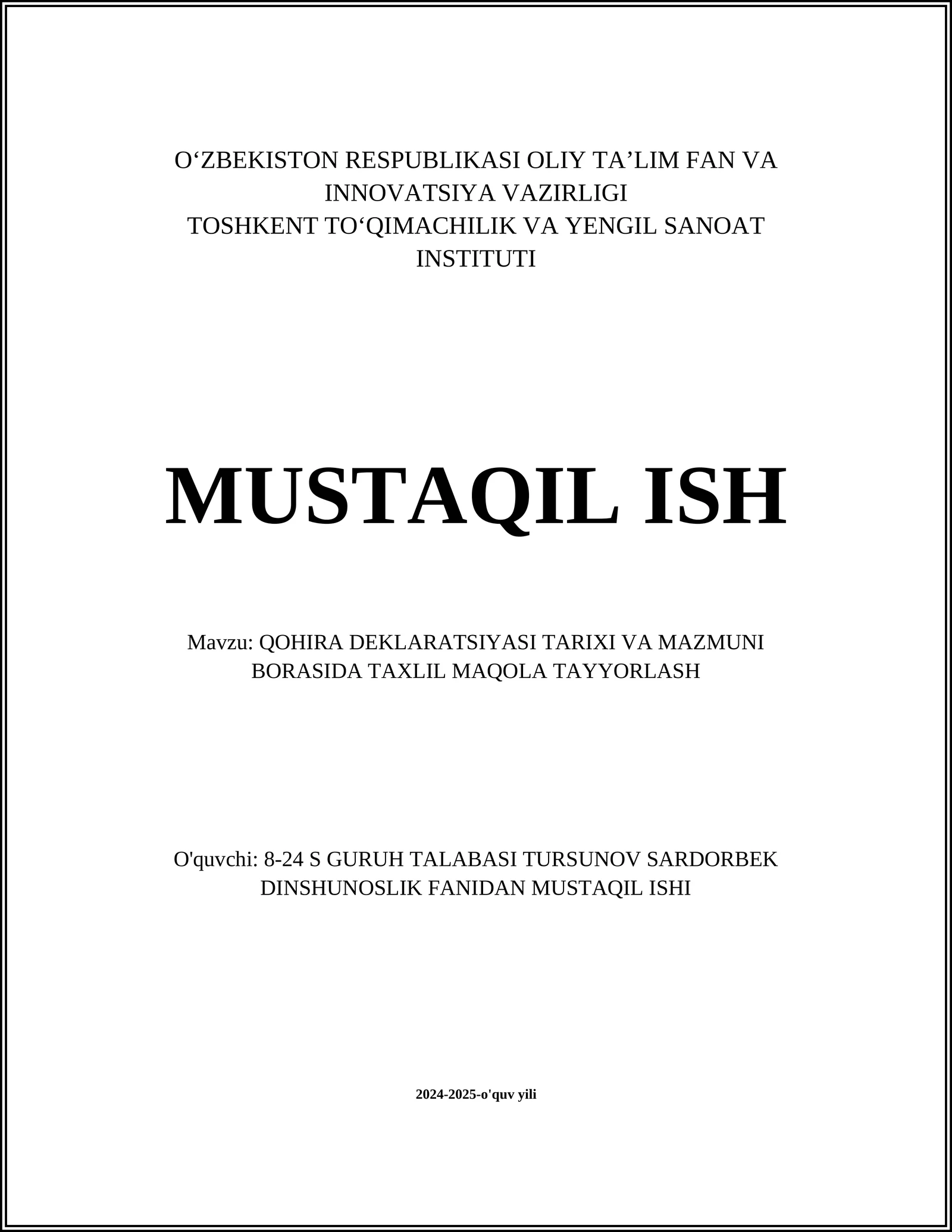 Qohira Deklaratsiyasi Tarixi va Mazmuni Borasida Taxlil Maqola Tayyorlash