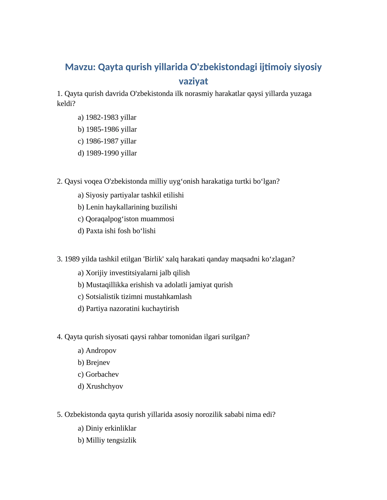 Qayta qurish yillarida O'zbekistondagi ijtimoiy siyosiy vaziyat