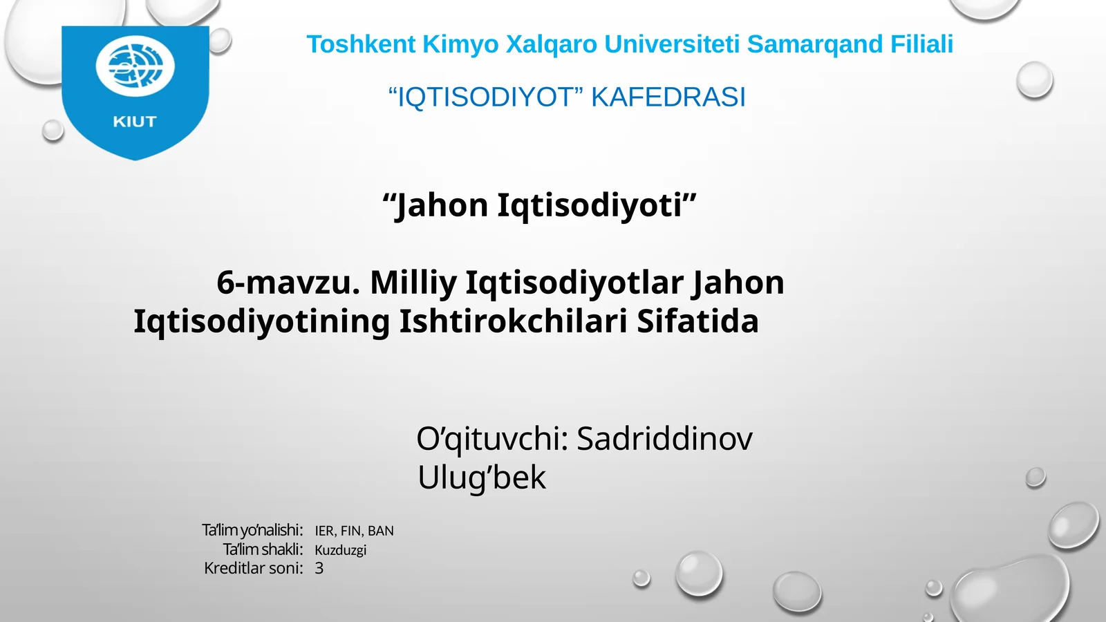 Milliy iqtisodiyotlar jahon iqtisodiyotining ishtirokchilari sifatida