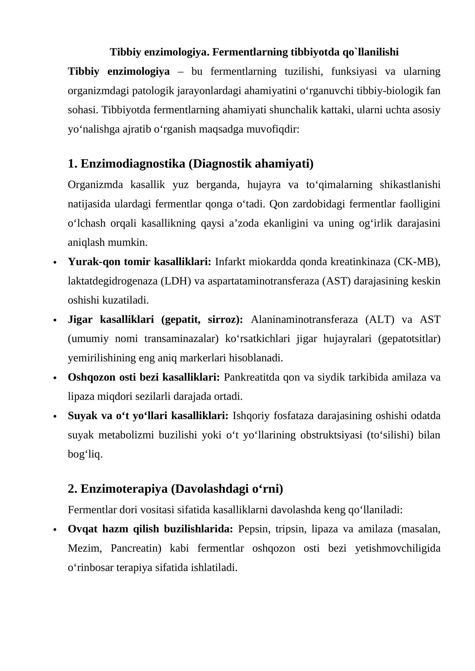Tibbiy enzimologiya. Fermentlarning tibbiyotda qo`llanilishi
