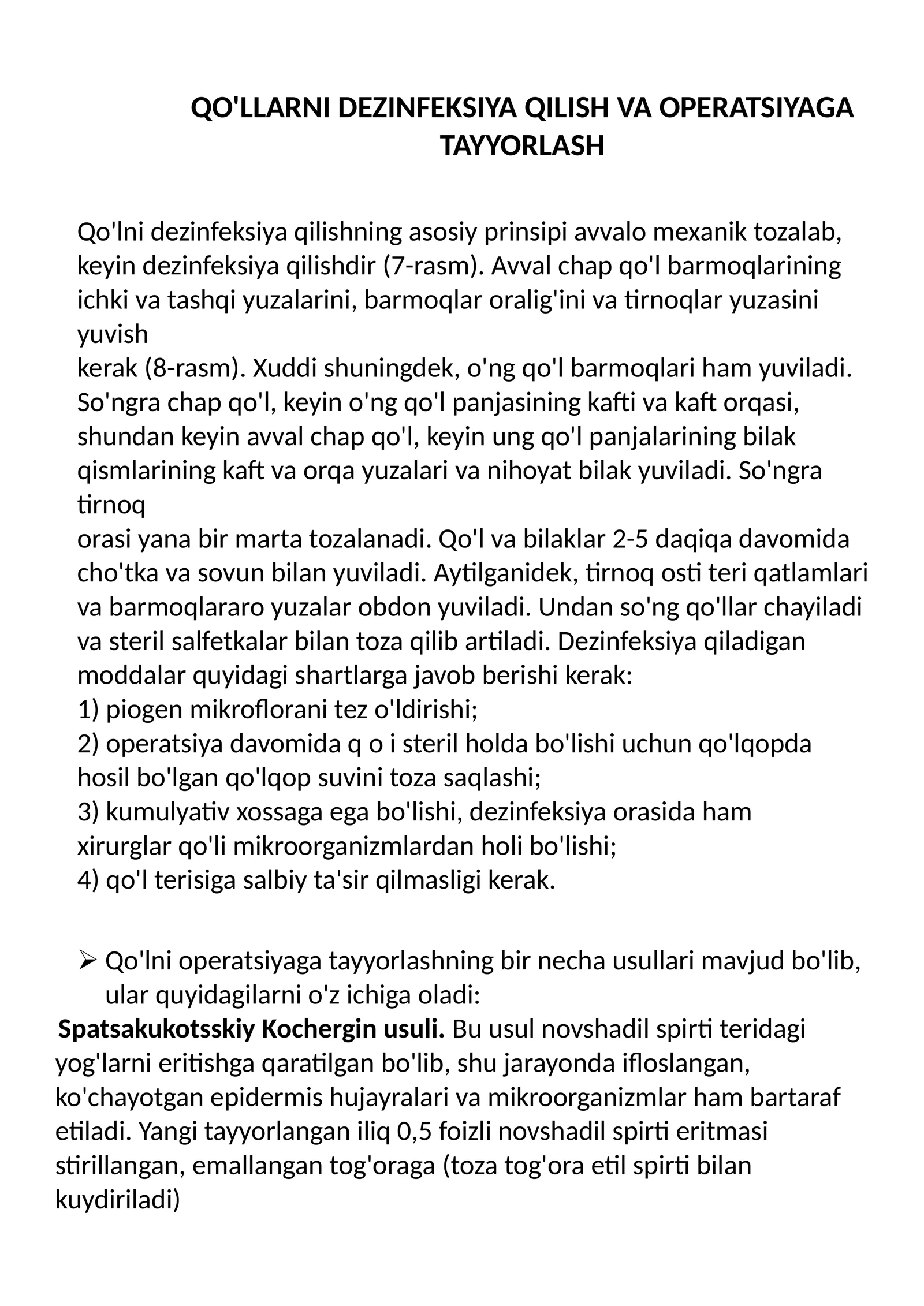 QO'LLARNI DEZINFEKSIYA QILISH VA OPERATSIYAGA TAYYORLASH