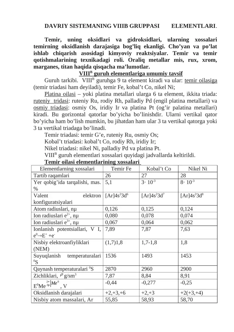 DAVRIY SISTEMANING VIIIB GRUPPASI ELEMENTLARI