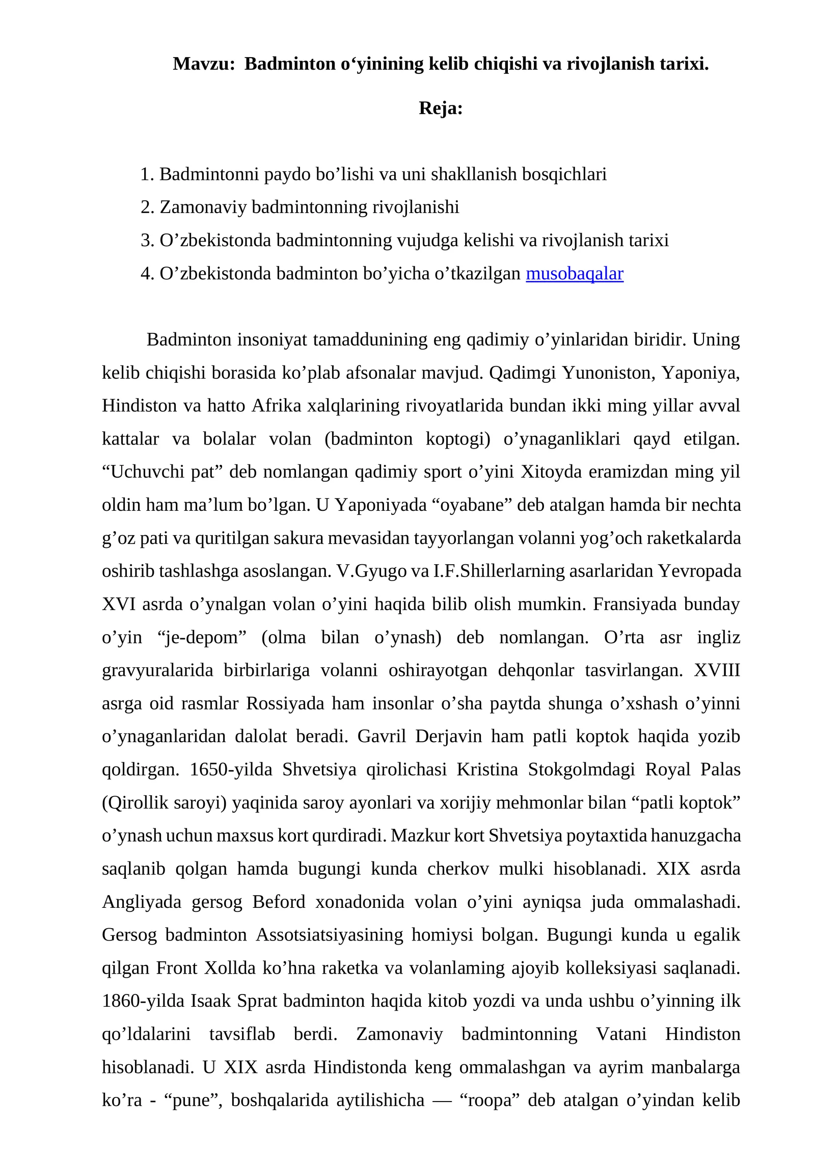 Badminton o‘yinining kelib chiqishi va rivojlanish tarixi