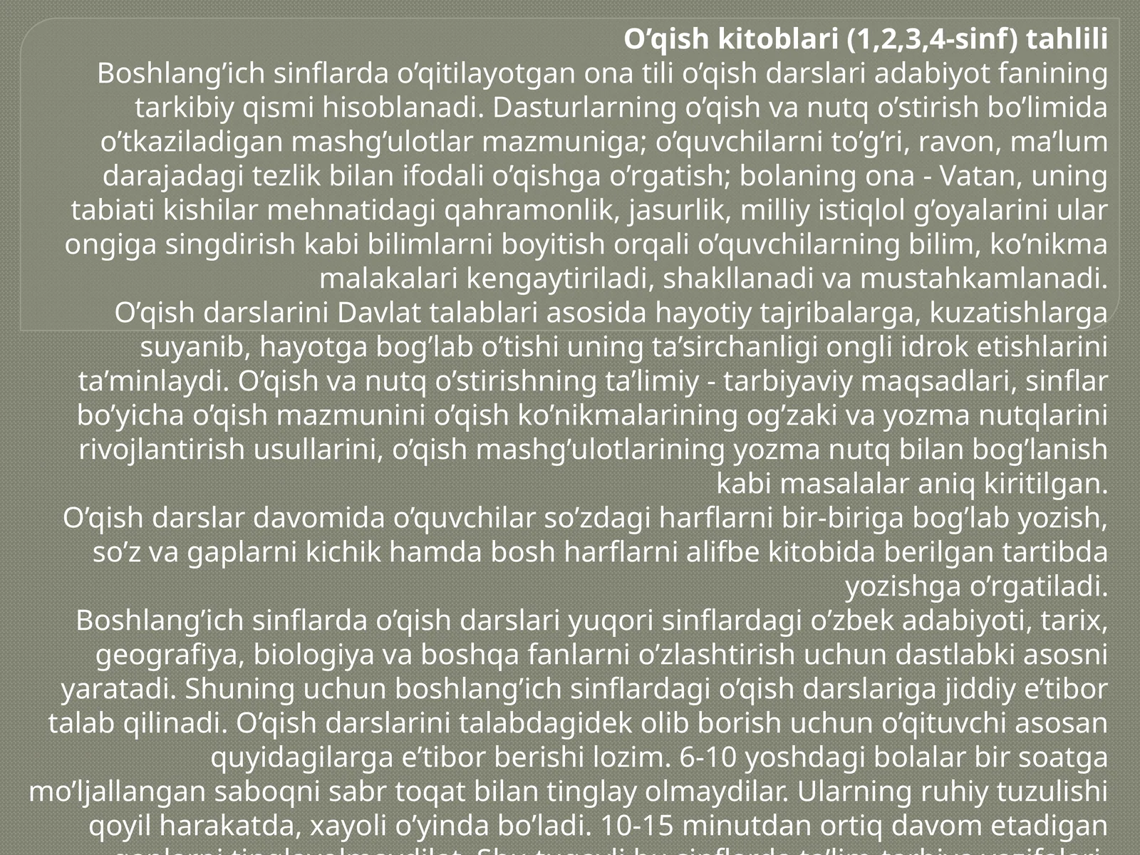O’qish kitoblari (1,2,3,4-sinf) tahlili