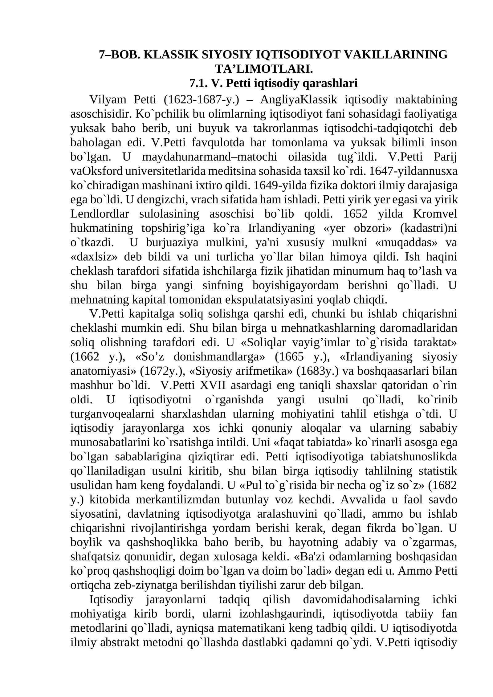 BOB. KLАSSIK SIYOSIY IQTISODIYOT VАKILLАRINING TА’LIMOTLАRI