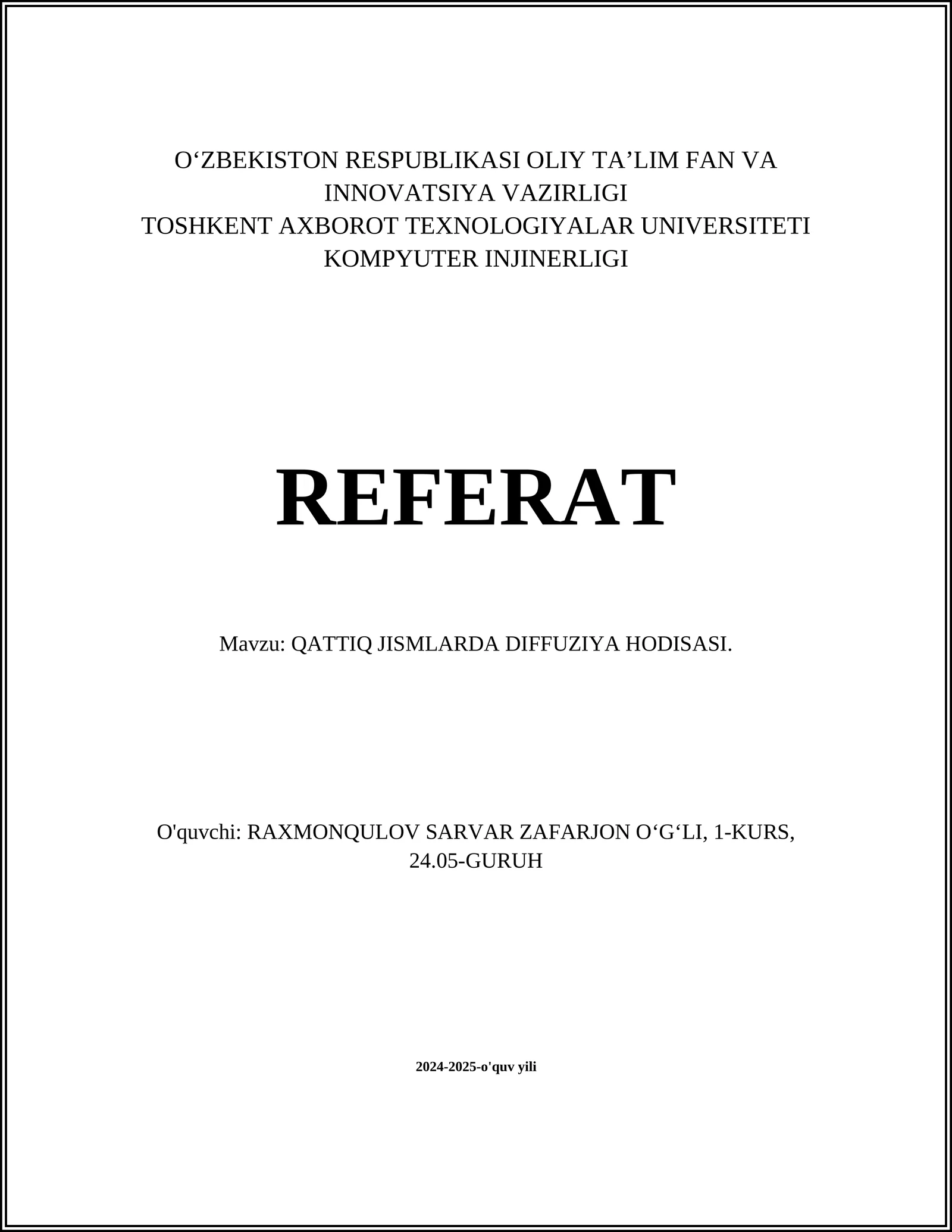 QATTIQ JISMLARDA DIFFUZIYA HODISASI