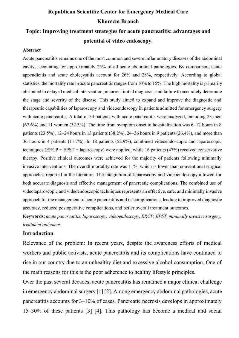 O‘tkir pankreatitni davolash strategiyalarini takomillashtirish: video endoskopiyaning afzalliklari va imkoniyatlari