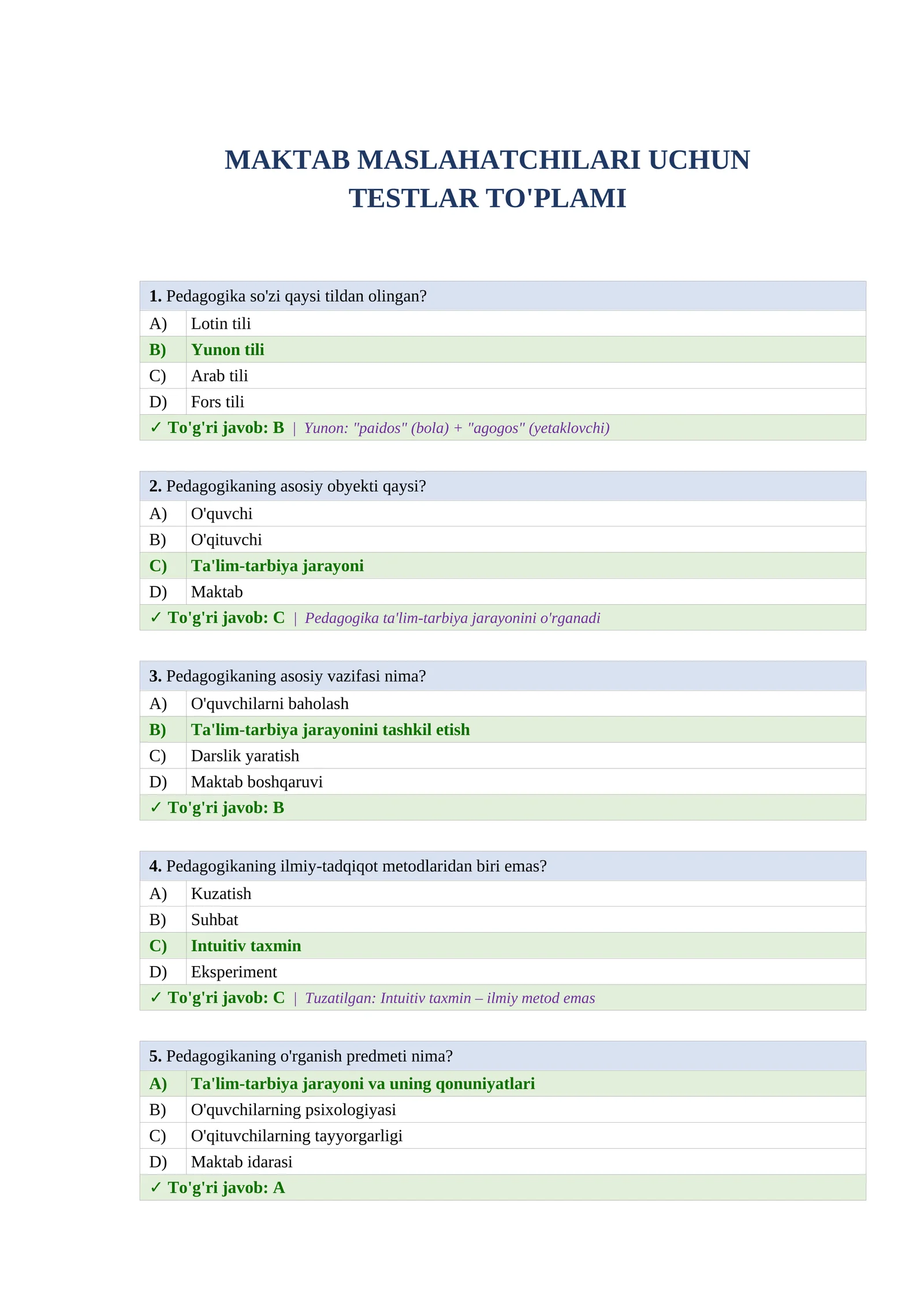 Maktab maslahatchisi test javoblari