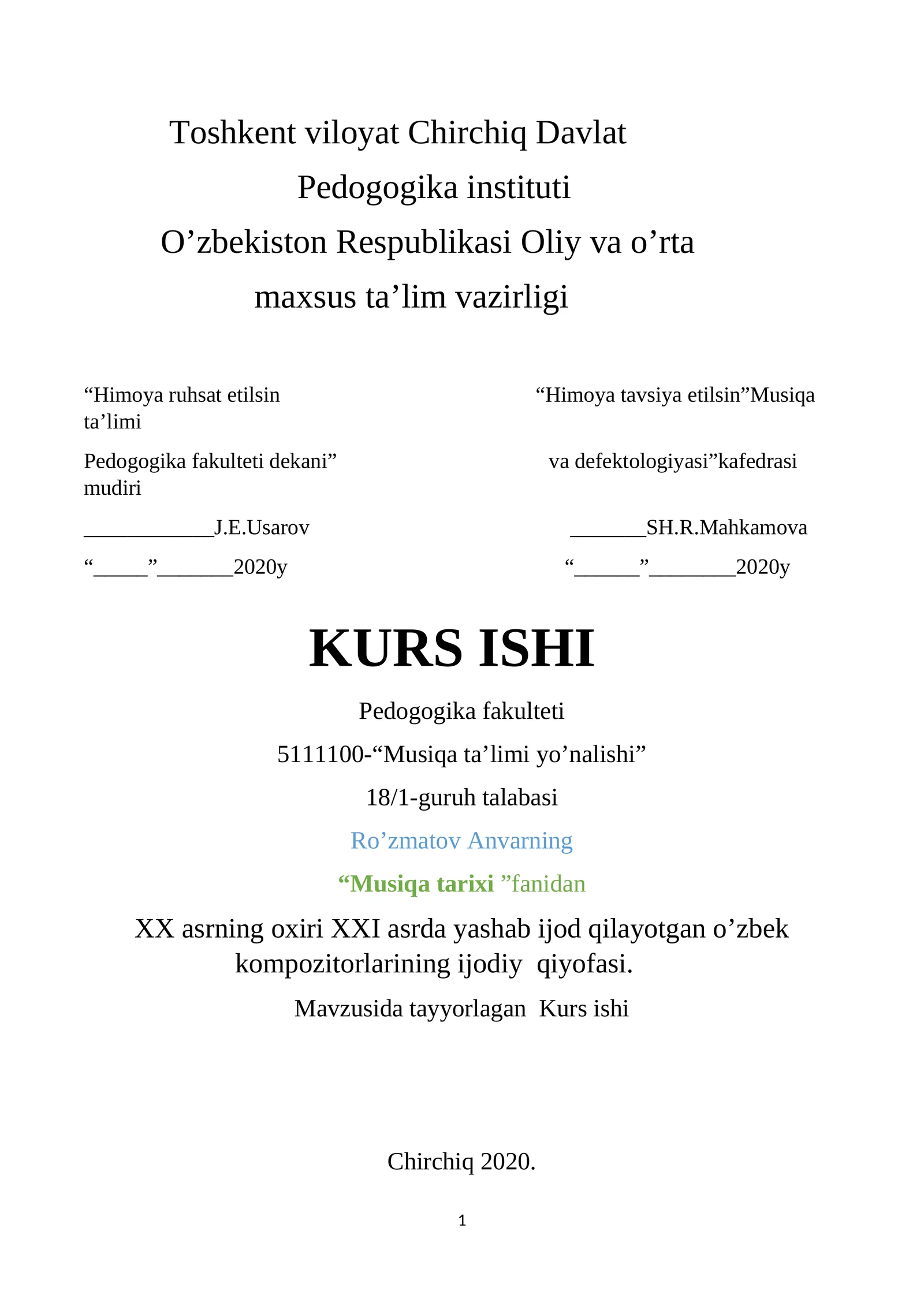 XX asrning oxiri XXI asrda yashab ijod qilayotgan o’zbek kompozitorlarining ijodiy qiyofasi