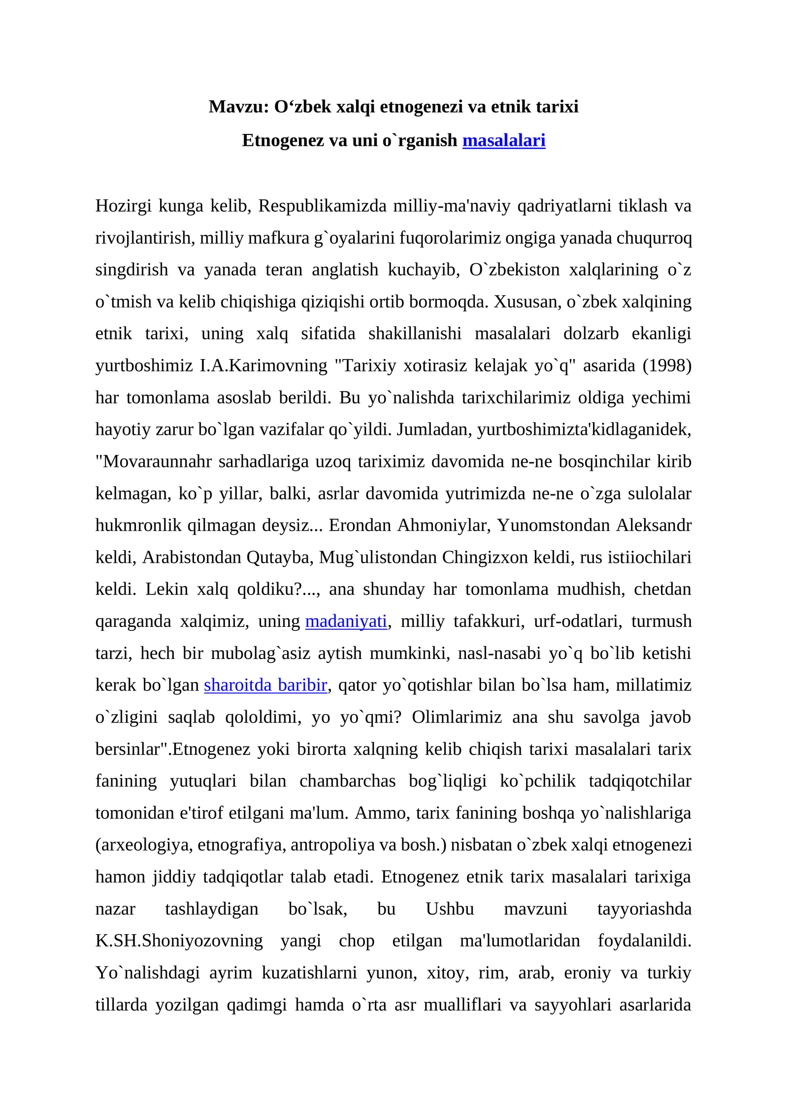 Oʻzbek xalqi etnogenezi va etnik tarixi