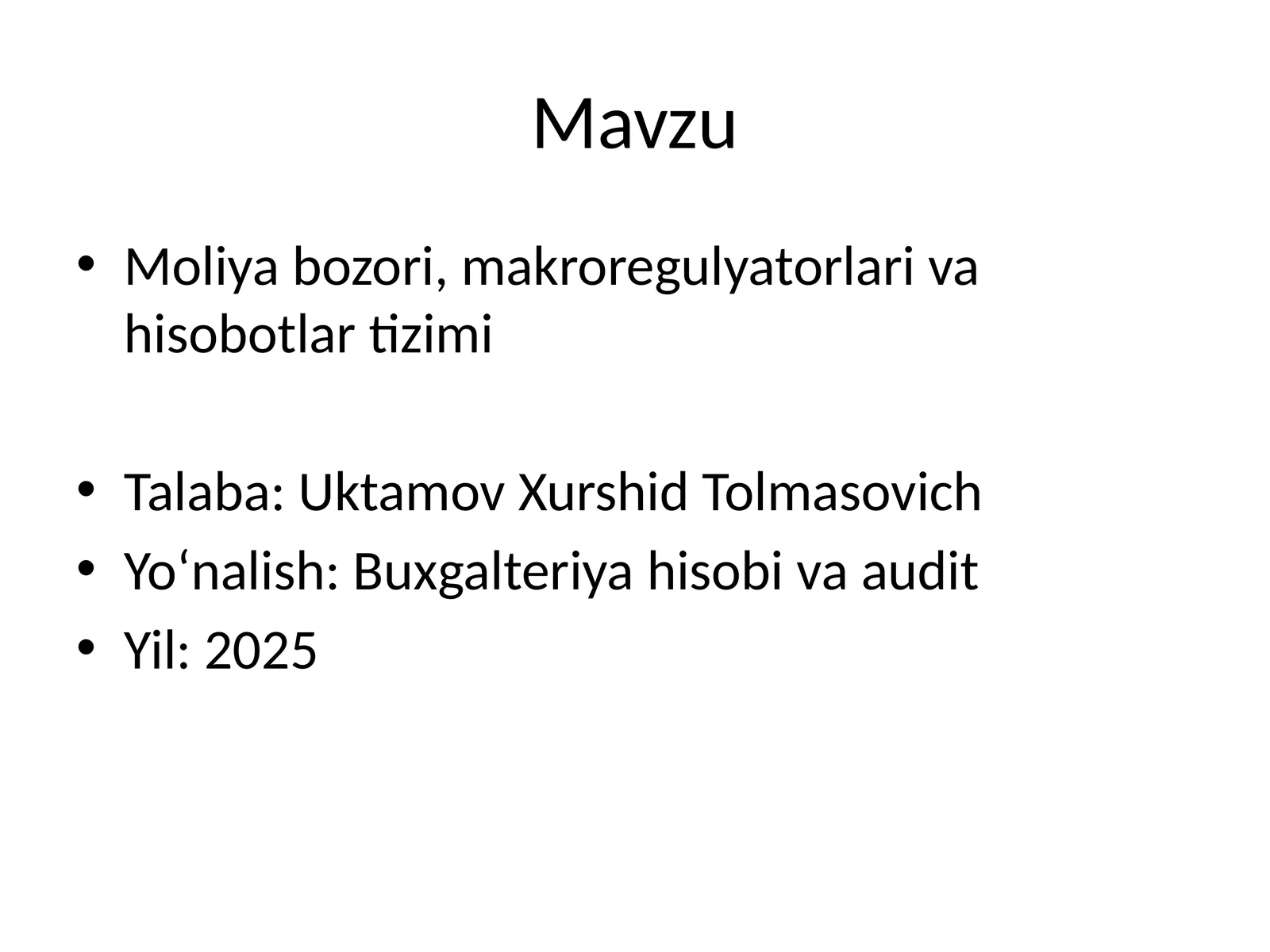 Moliya bozori, makroregulyatorlari va hisobotlar tizimi