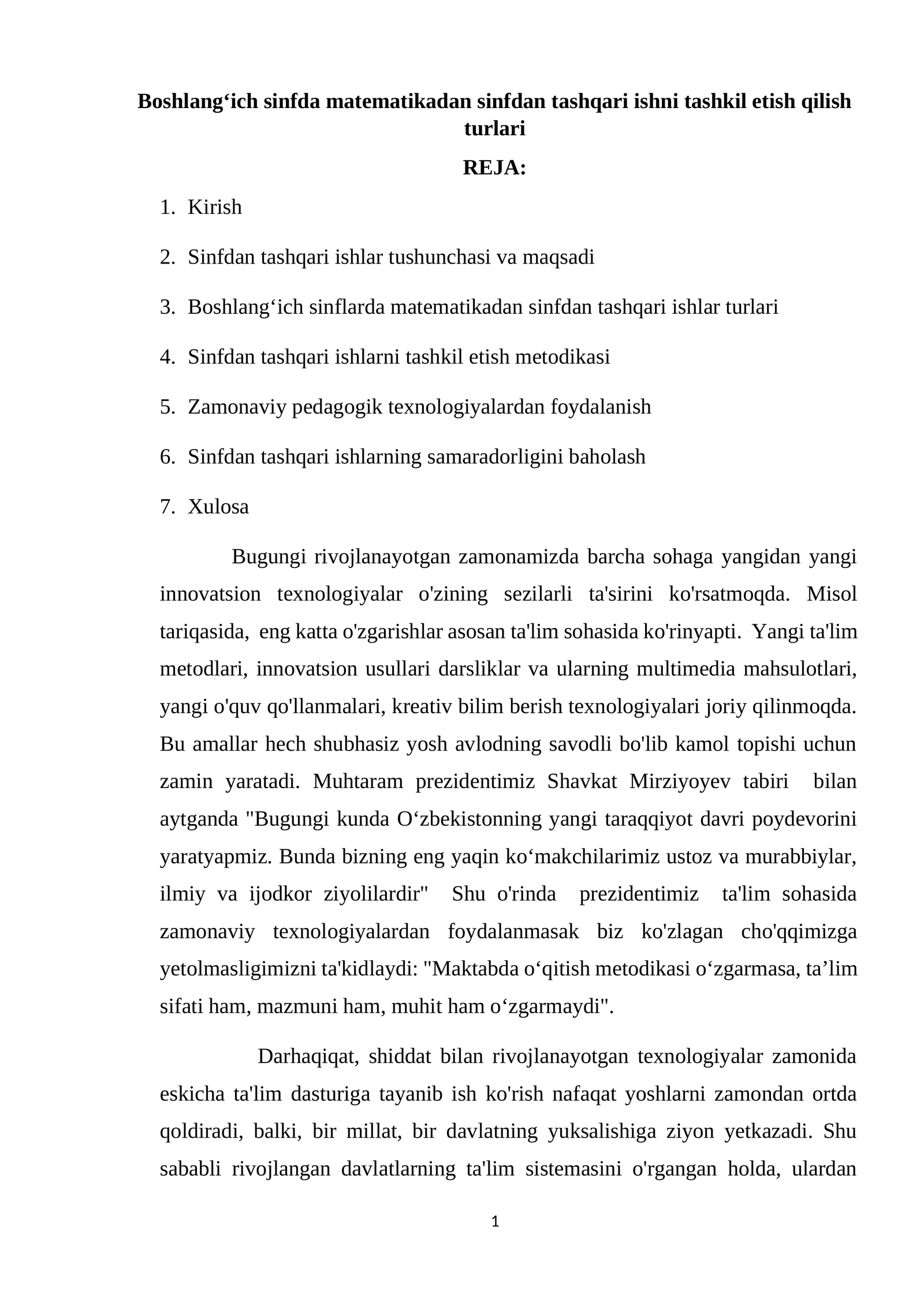 Sinfdan tashqari ishlar tashkil etish