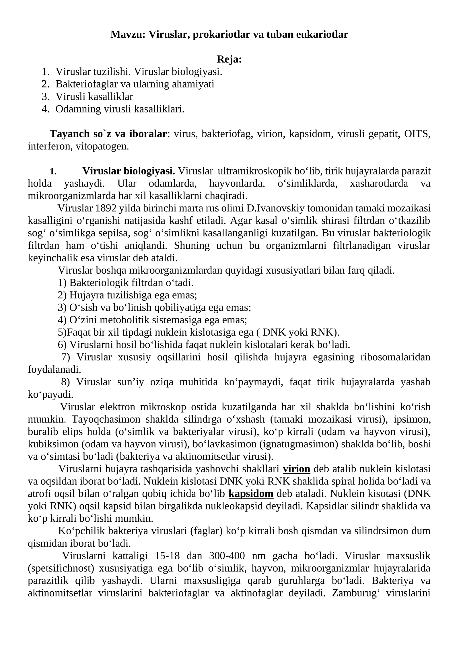 Viruslar, prokariotlar va tuban eukariotlar