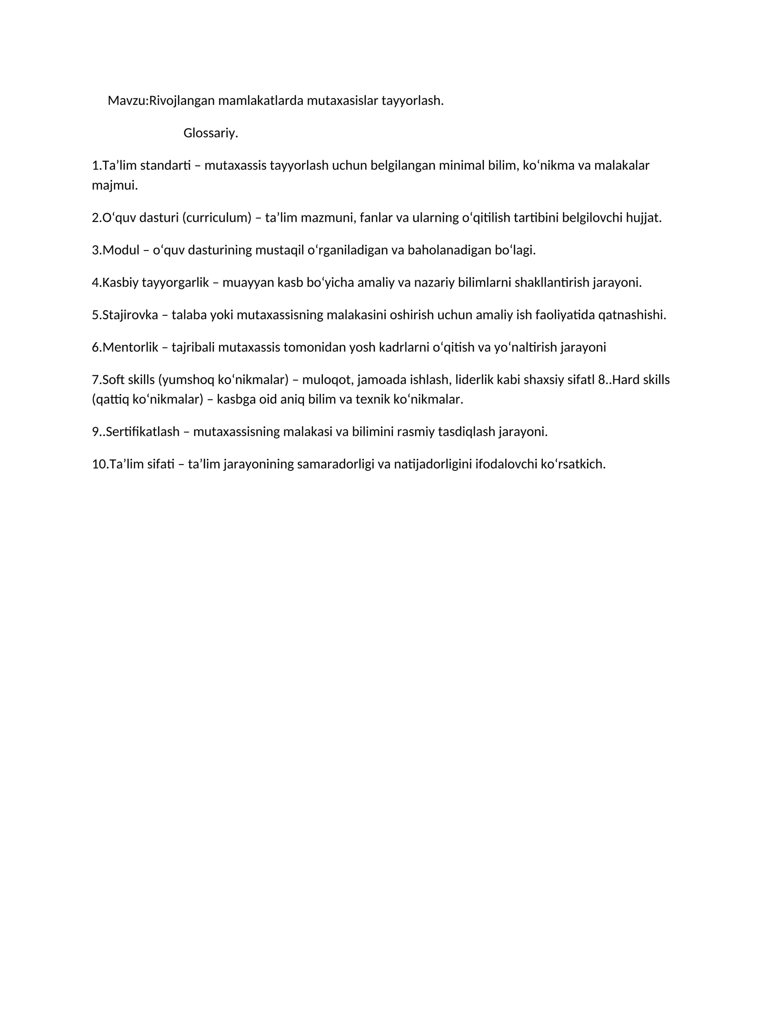 Rivojlangan mamlakatlarda mutaxassislar tayyorlash
