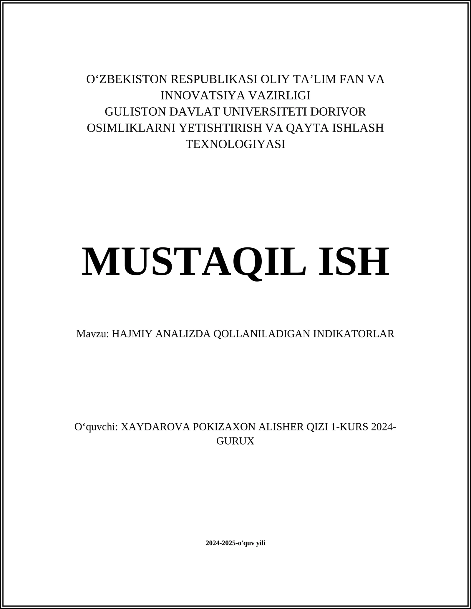 HAJMIY ANALIZDA QOLLANILADIGAN INDIKATORLAR