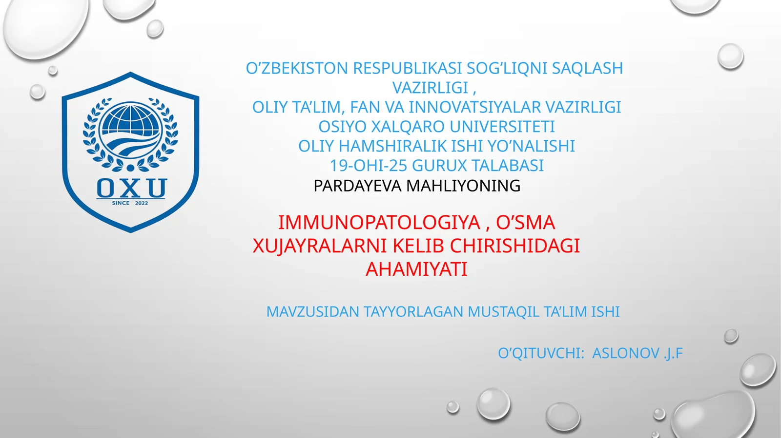 IMMUNOPATOLOGIYA, O’SMA XUJAYRALARNI KELIB CHIRISHIDAGI AHAMIYATI