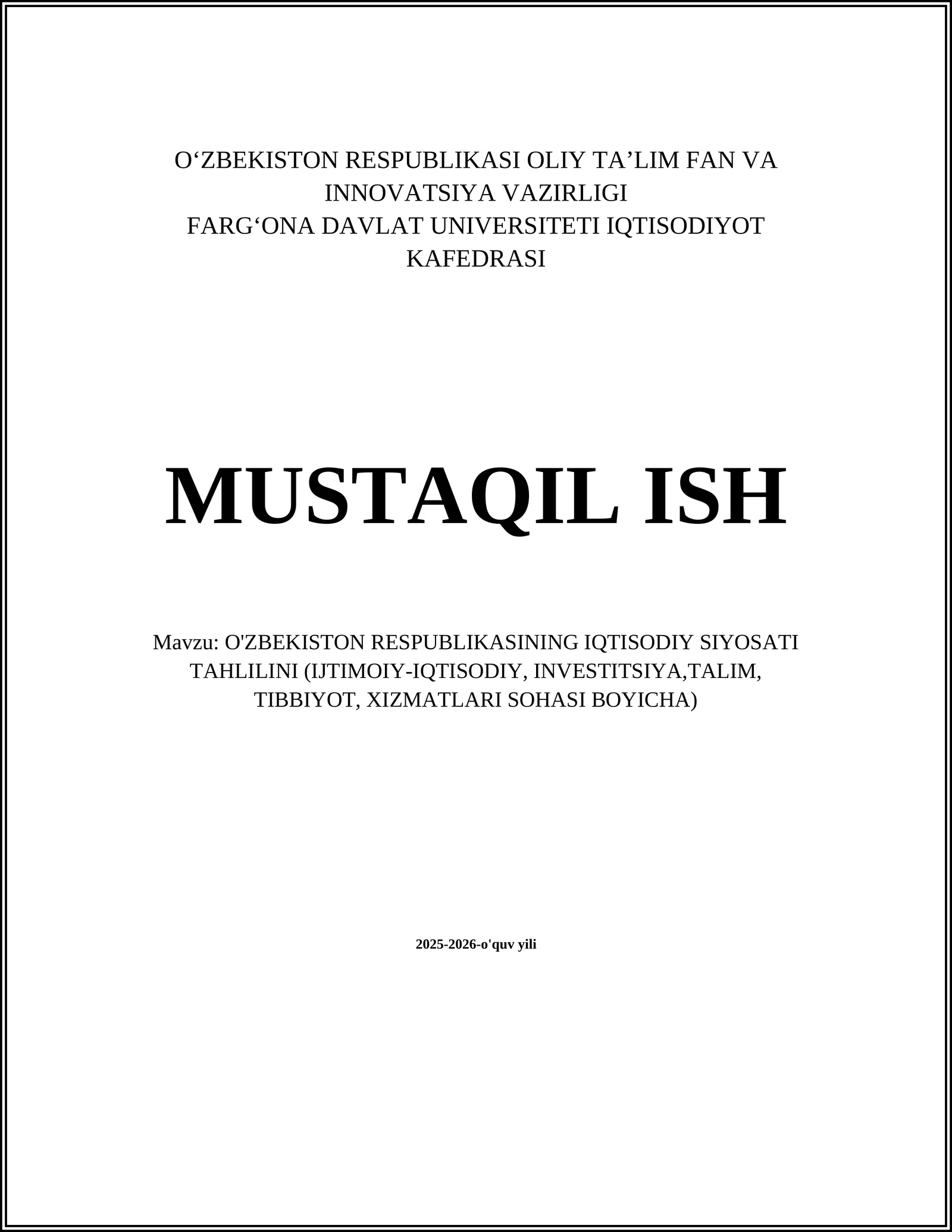 O'ZBEKISTON RESPUBLIKASI IQTISODIY SIYOSATI TAHLILI