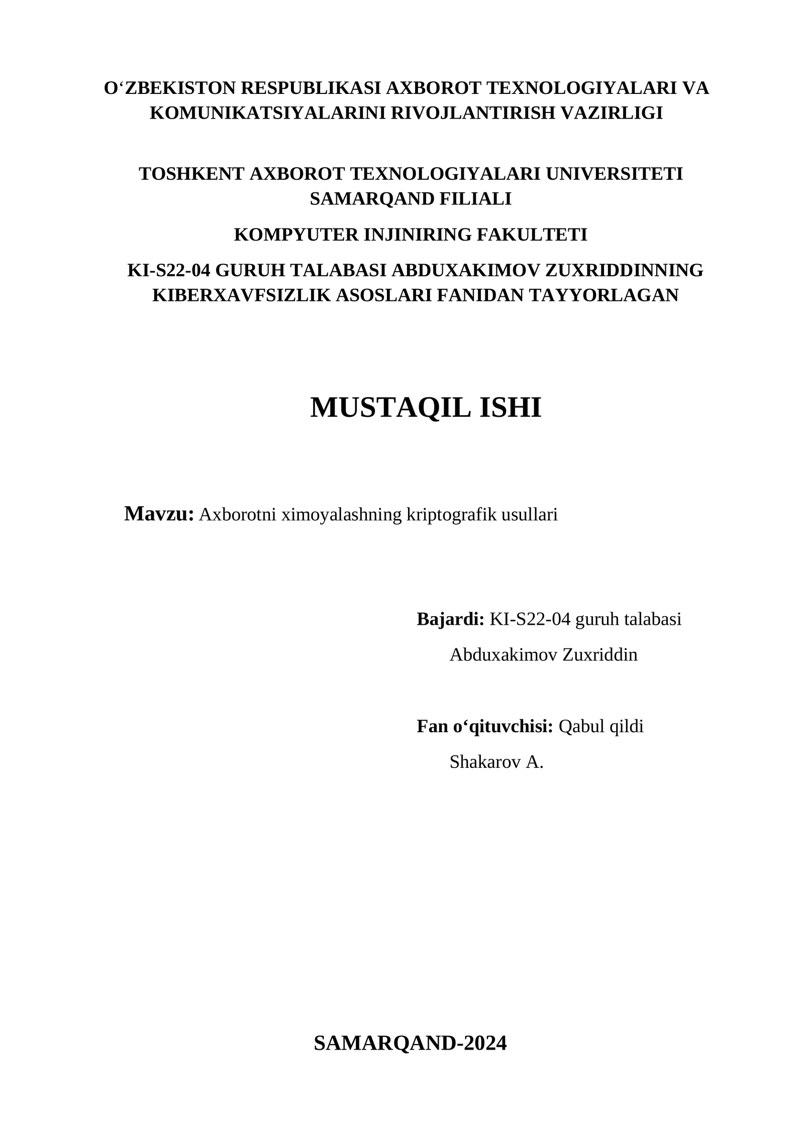 Axborotni ximoyalashning kriptografik usullari