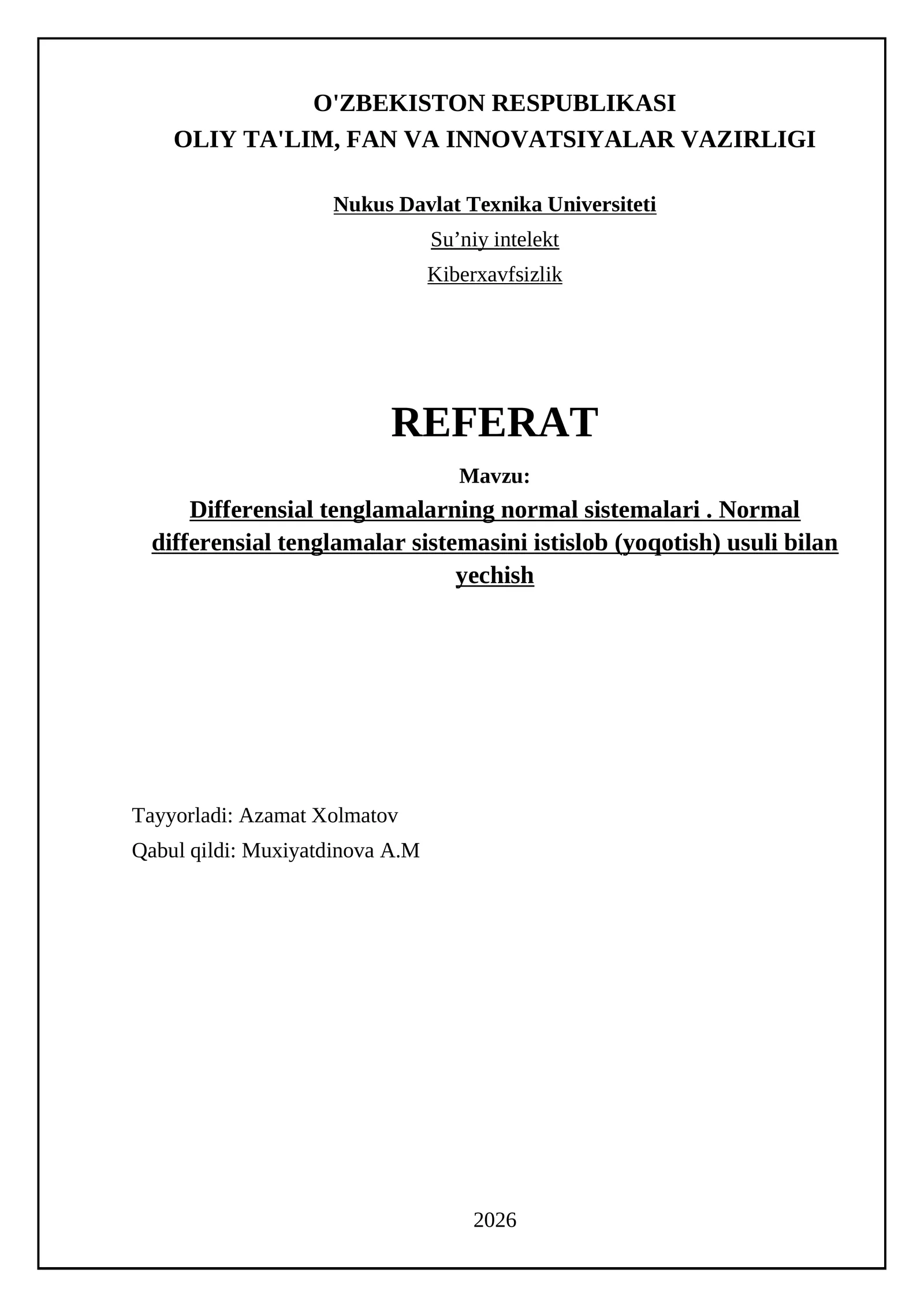 Differensial tenglamalarning normal sistemalari. Normal differensial tenglamalar sistemasini istislob (yoqotish) usuli bilan yechish