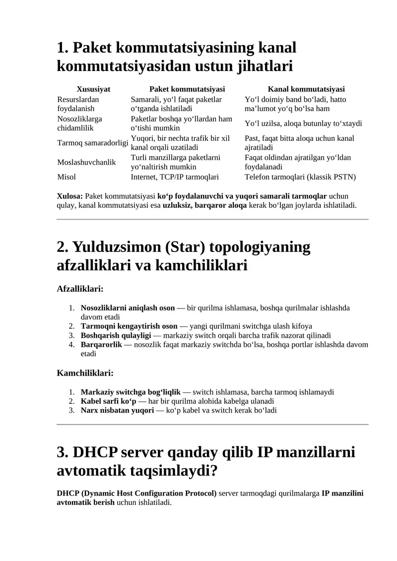 Paket kommutatsiyasining kanal kommutatsiyasidan ustun jihatlari