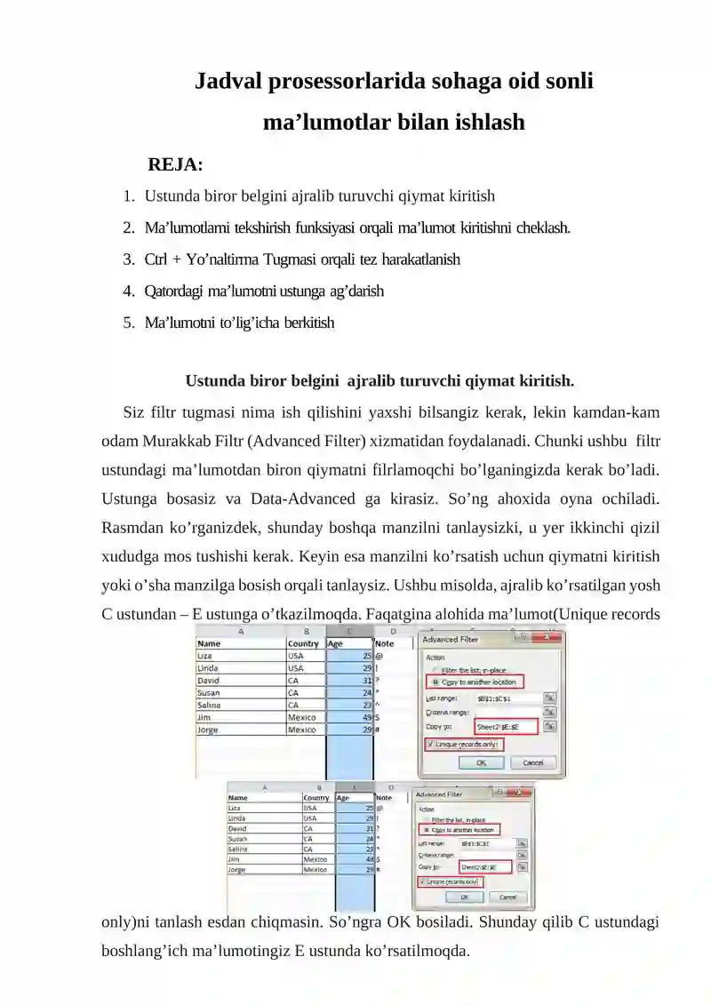 Jаdvаl prоsеssоrlаridа sоhаgа оid sоnli ma’lumotlar bilan ishlash
