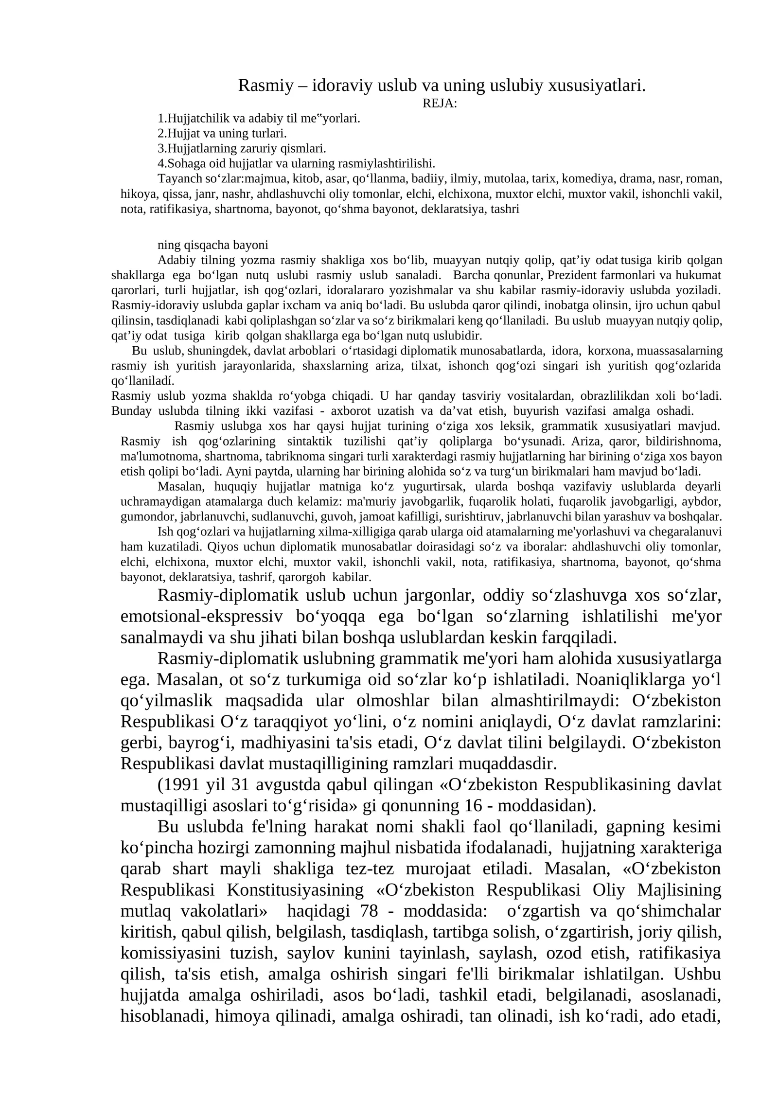 Rasmiy – idoraviy uslub va uning uslubiy xususiyatlari