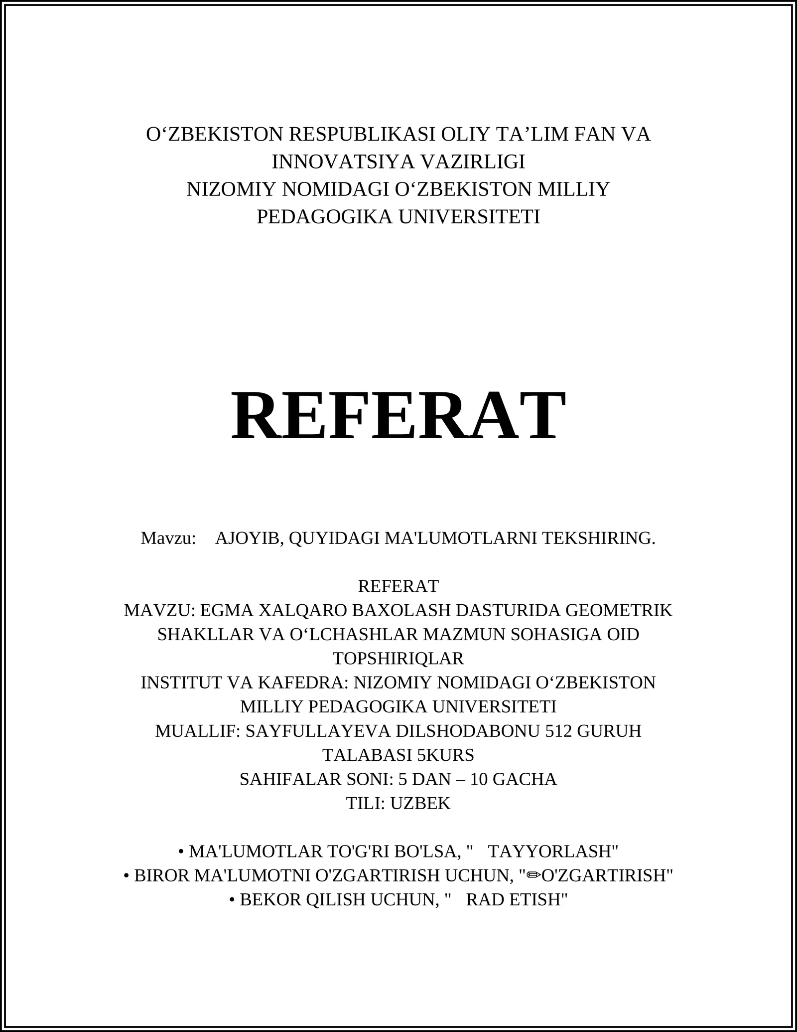 EGMA XALQARO BAXOLASH DASTURIDA GEOMETRIK SHAKLLAR VA OʻLCHASHLAR MAZMUN SOHASIGA OID TOPSHIRIQLAR