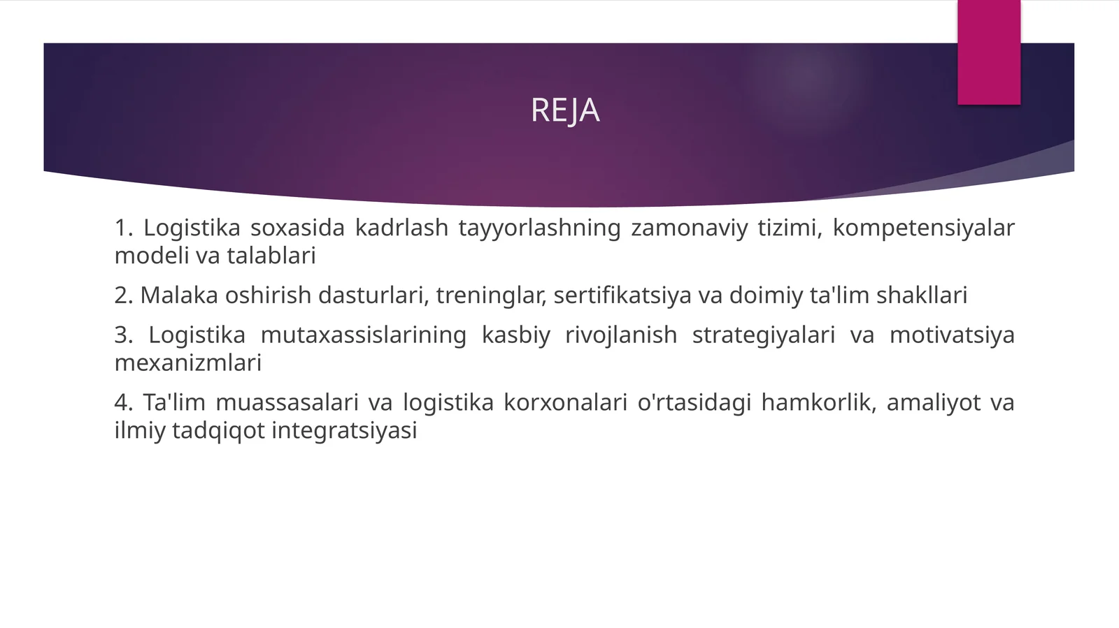 Logistika kadrlar tayyorlash va malakasini oshirish