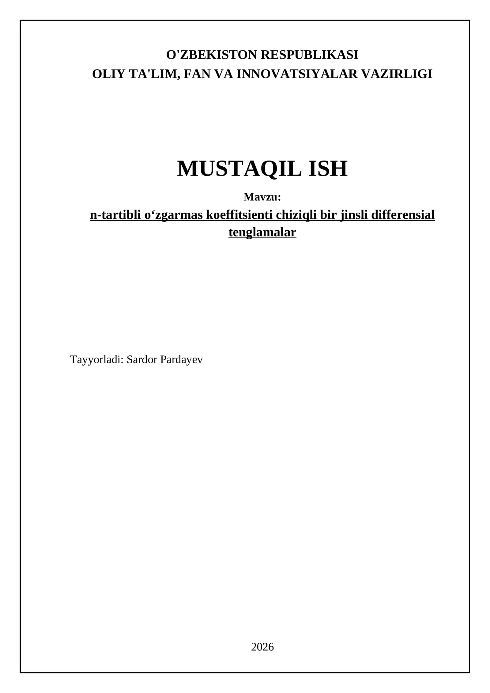 n-tartibli oʻzgarmas koeffitsienti chiziqli bir jinsli differensial tenglamalar
