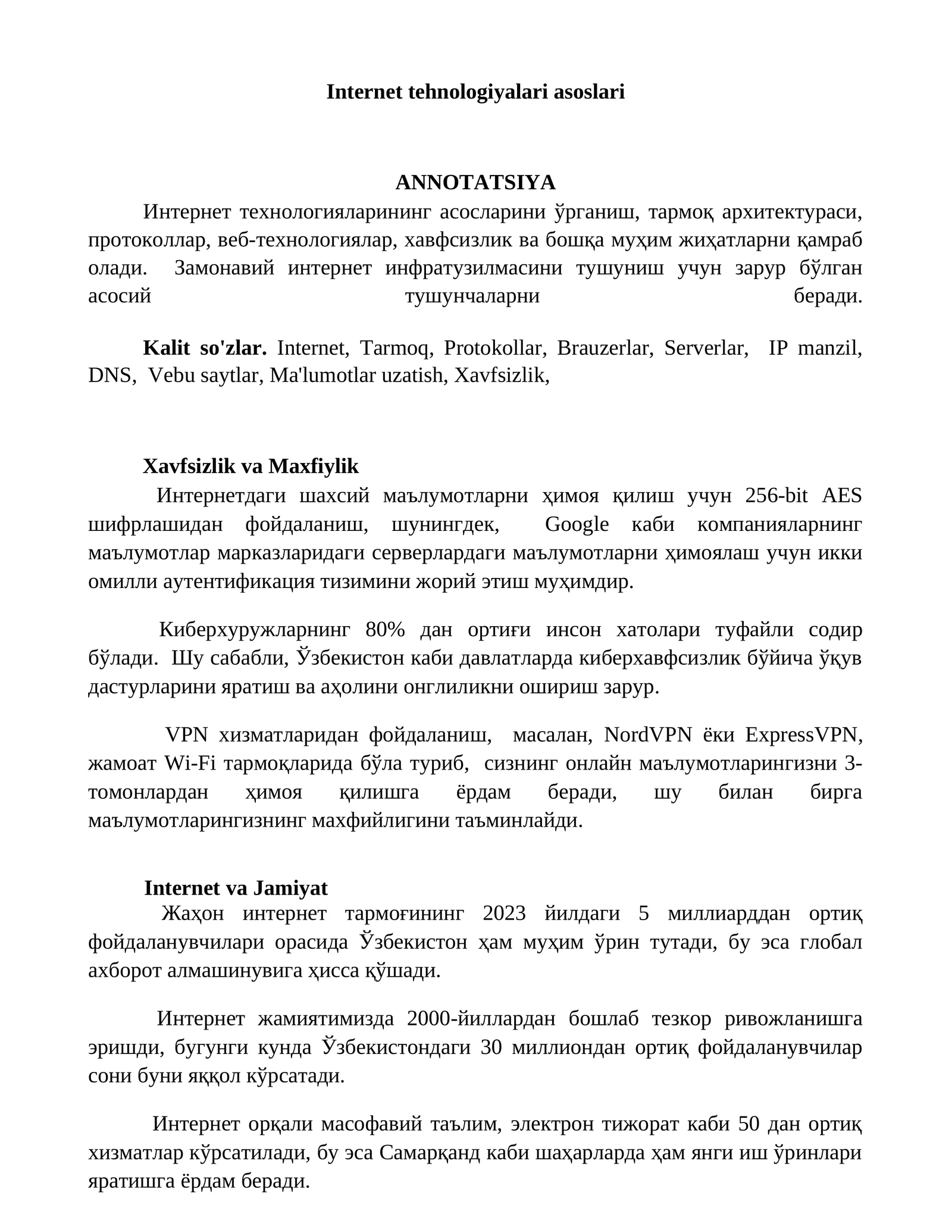 Internet tehnologiyalari asoslari