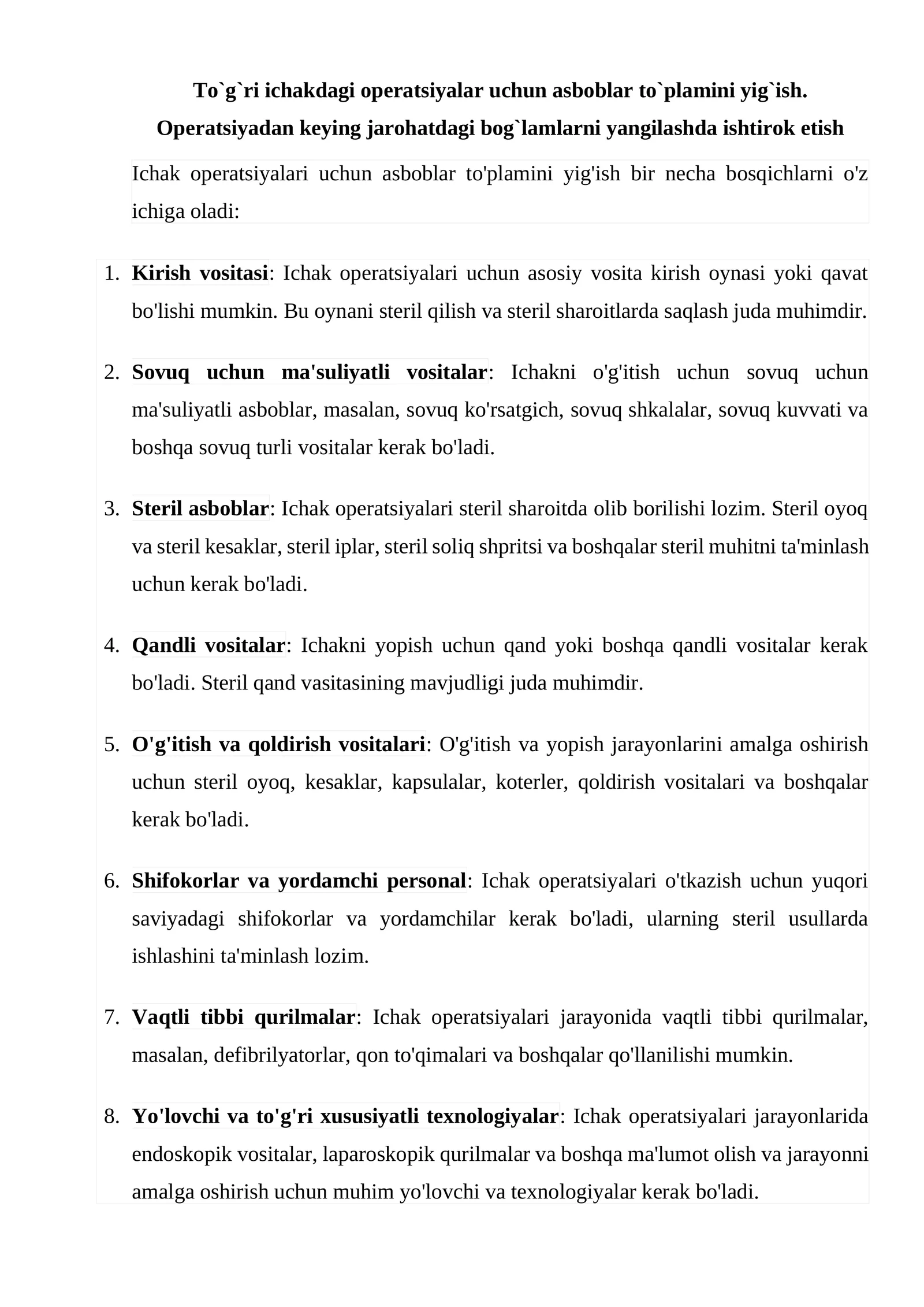 Ichak operatsiyalari uchun asboblar to'plami