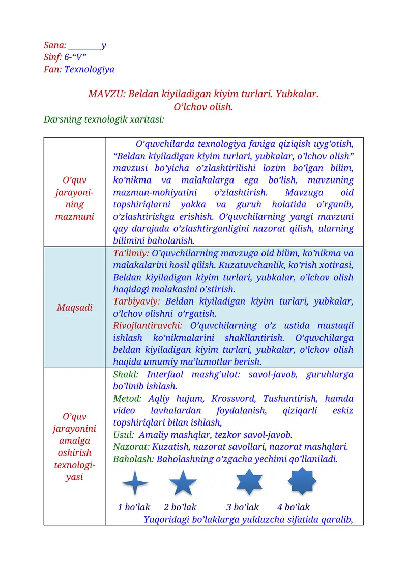 6-sinf texnologiya. Beldan kiyiladigan kiyim turlari. Yubkalar.  O’lchov olish.
