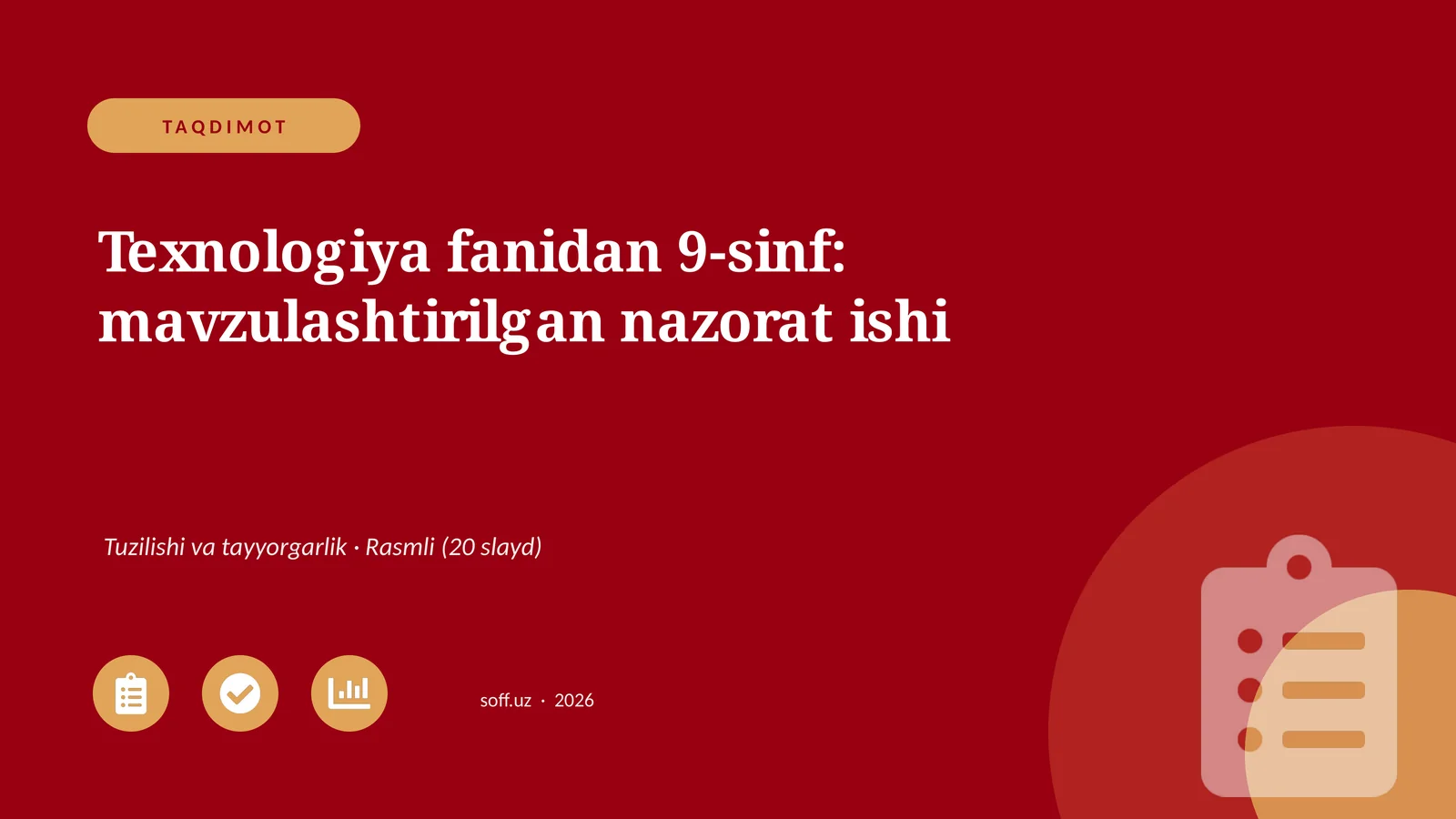 Texnologiya fanidan 9-sinf: mavzulashtirilgan nazorat ishi