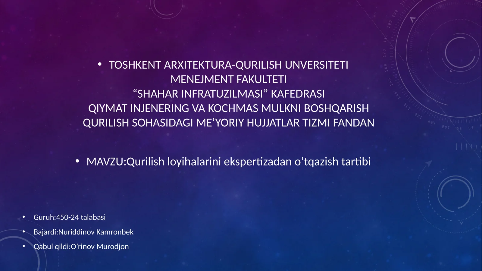 Qurilish sohasidagi me'yoriy hujjatlar tizimi fanidan