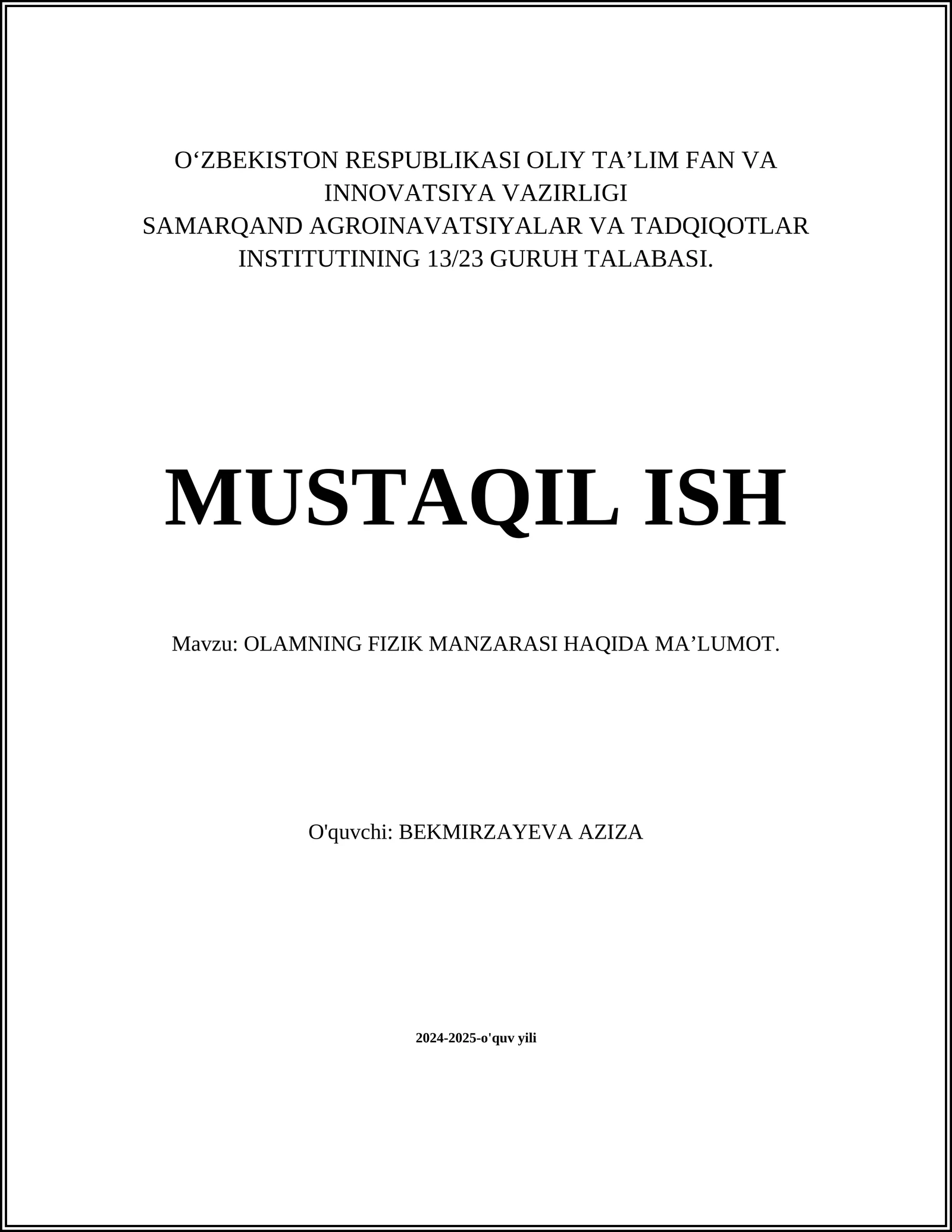 OLAMNING FIZIK MANZARASI HAQIDA MAʼLUMOT