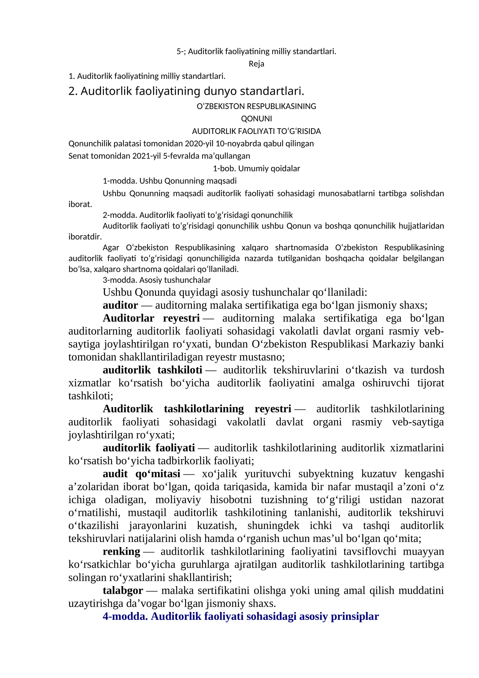 Auditorlik faoliyatining milliy standartlari
