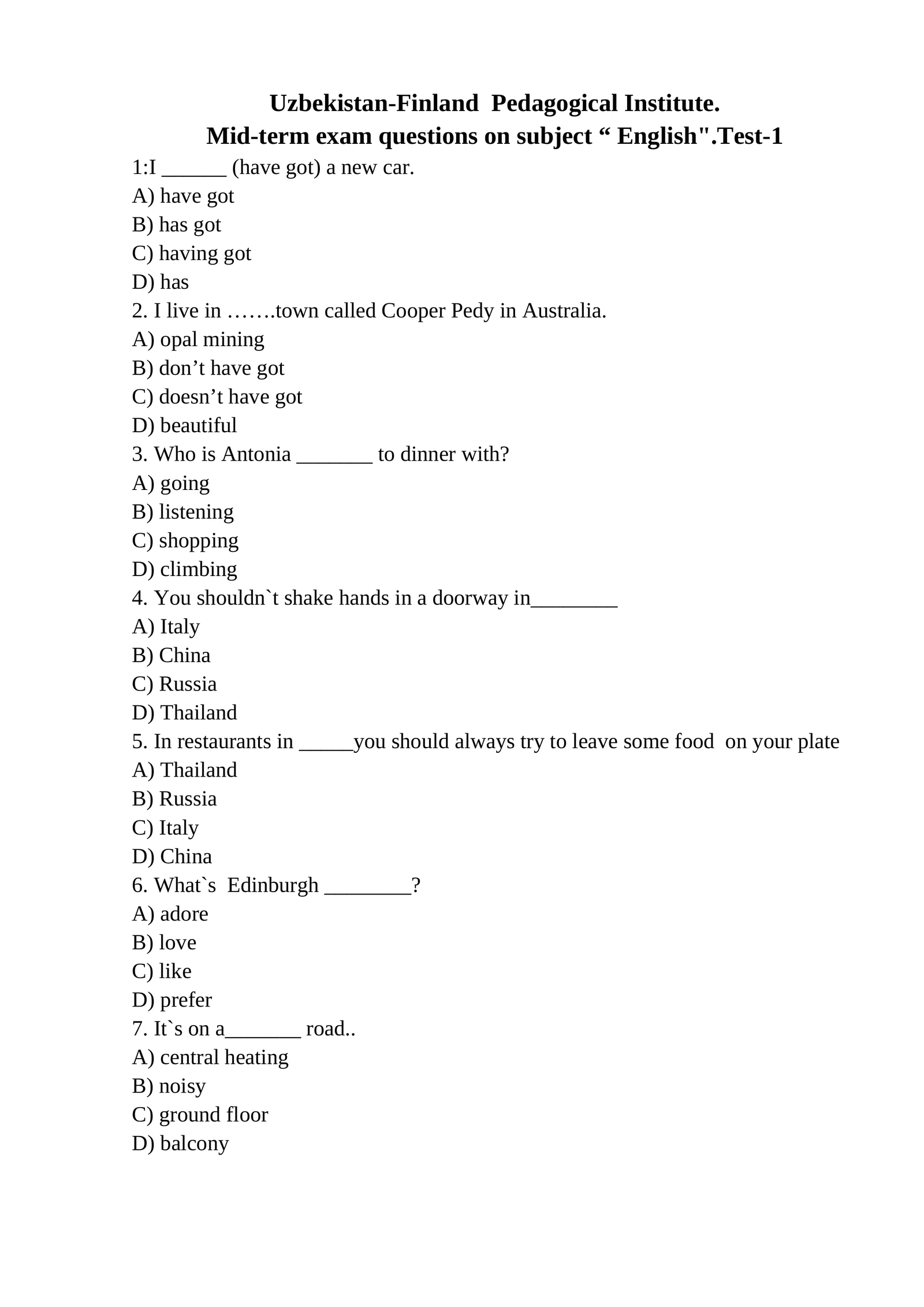 Mid-term exam questions on subject “ English".Test-1