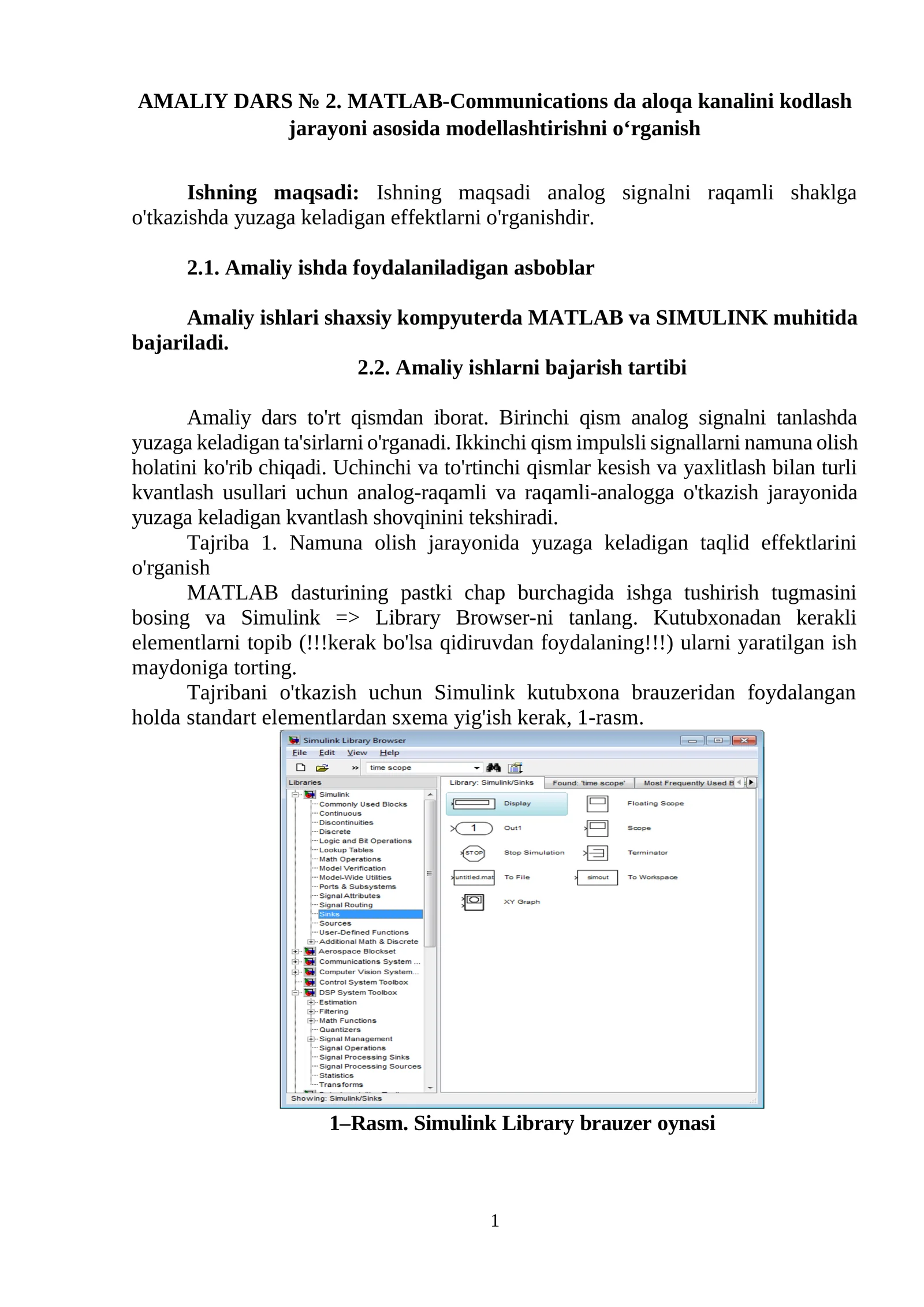 AMALIY DARS № 2. MATLAB-Communications da aloqa kanalini kodlash jarayoni asosida modellashtirishni o‘rganish