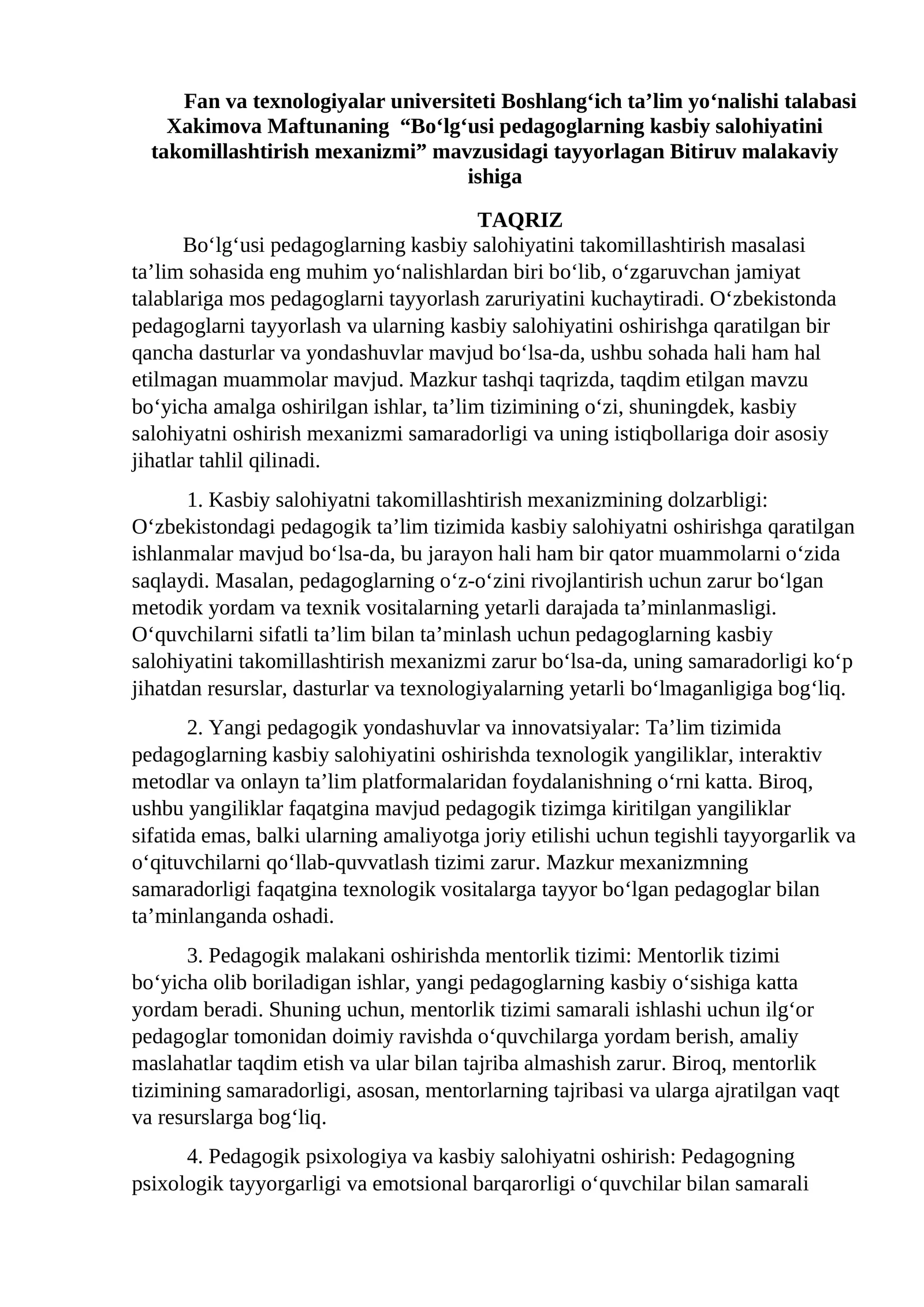 Bo‘lg‘usi pedagoglarning kasbiy salohiyatini takomillashtirish mexanizmi