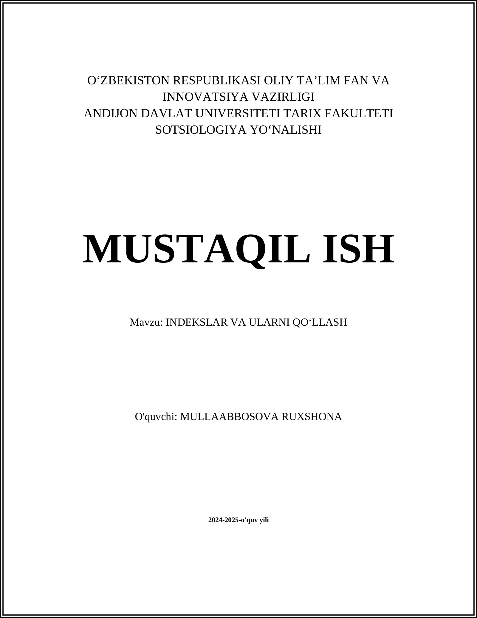 INDEKSLAR VA ULARNI QOʻLLASH