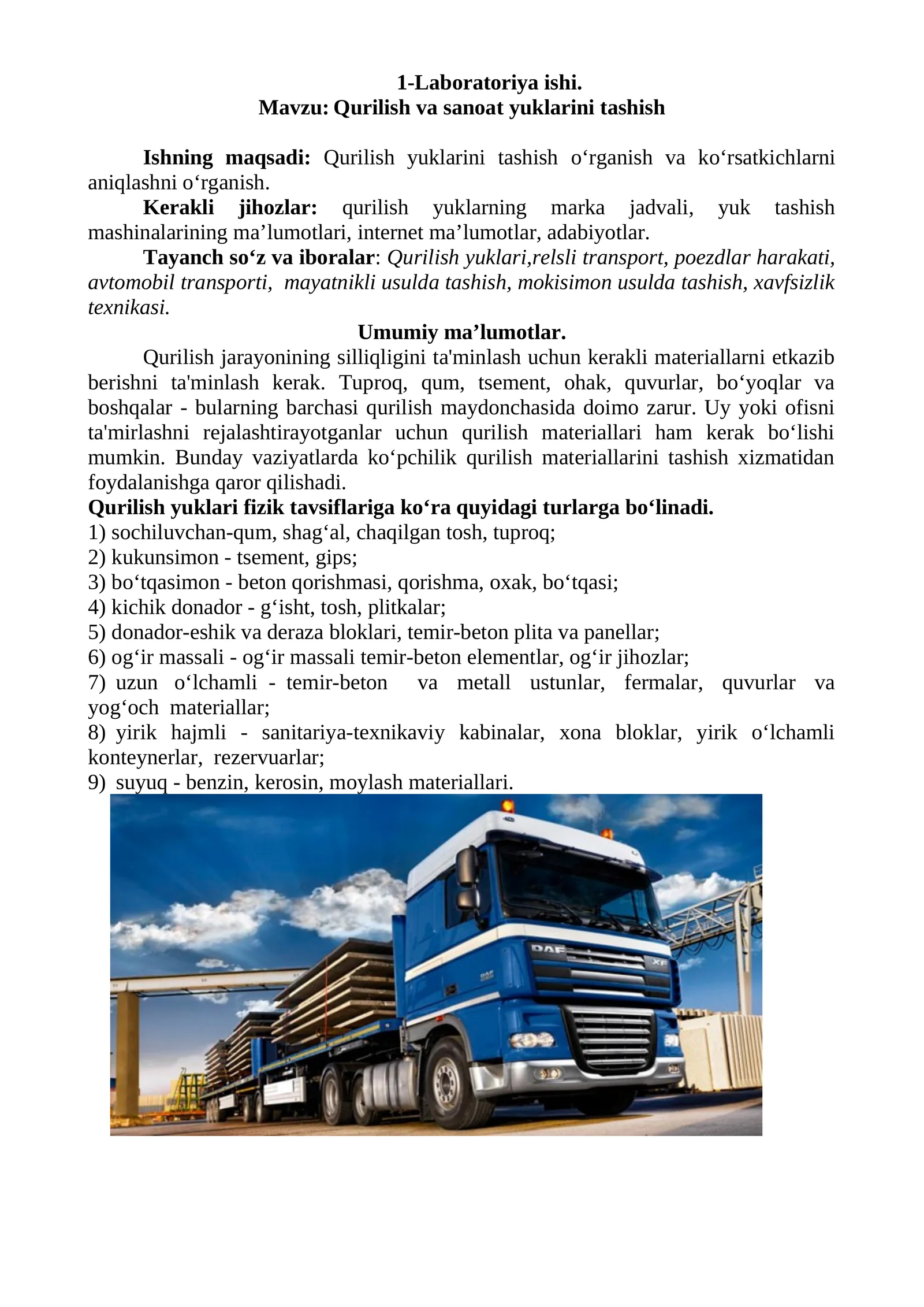 Qurilish va sanoat yuklarini tashish