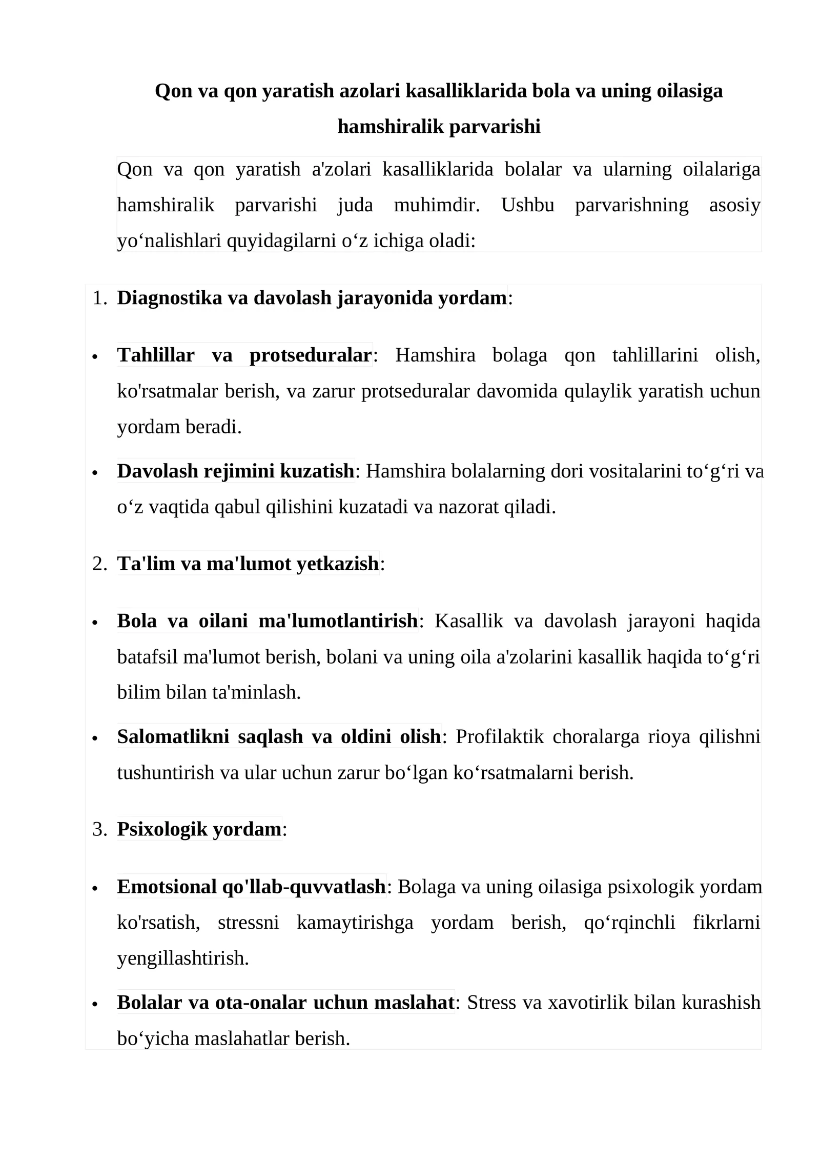 Qon va qon yaratish azolari kasalliklarida bola va uning oilasiga hamshiralik parvarishi