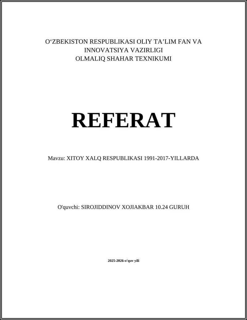 XITOY XALQ RESPUBLIKASI 1991-2017-YILLARDA