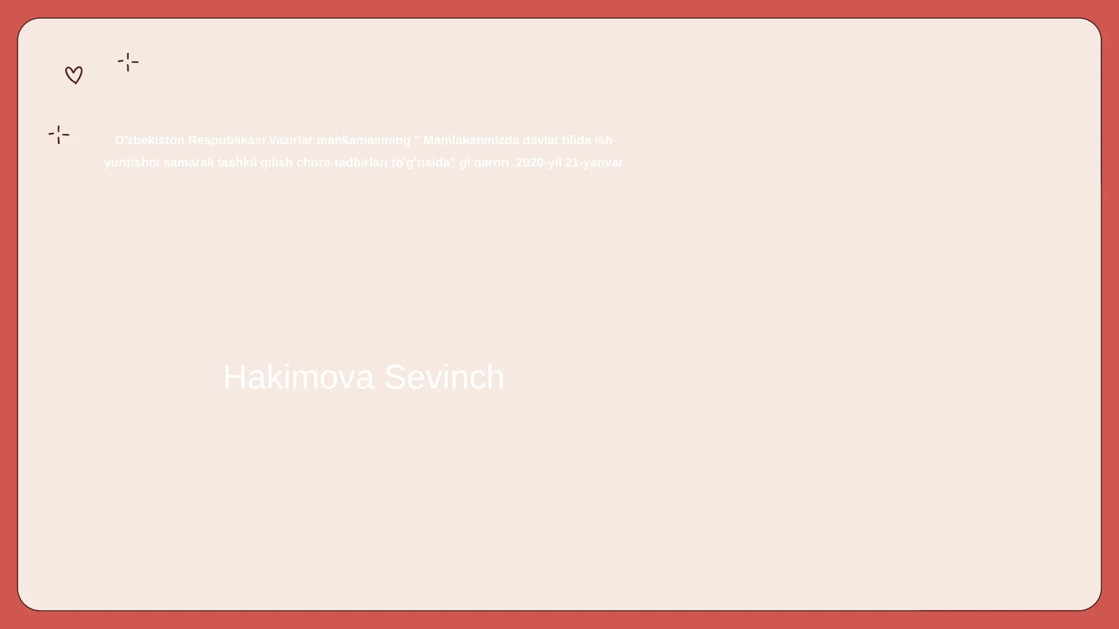 O'zbekiston Respublikasi Vazirlar mahkamasining " Mamlakatimizda davlat tilida ish yuritishni samarali tashkil qilish chora-tadbirlari to'g'risida" gi qarori.2020-yil 21-yanvar