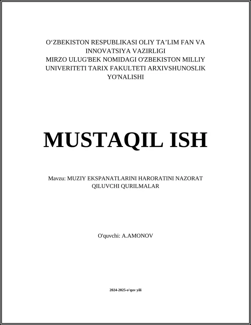 MUZIY EKSPANATLARINI HARORATINI NAZORAT QILUVCHI QURILMALAR