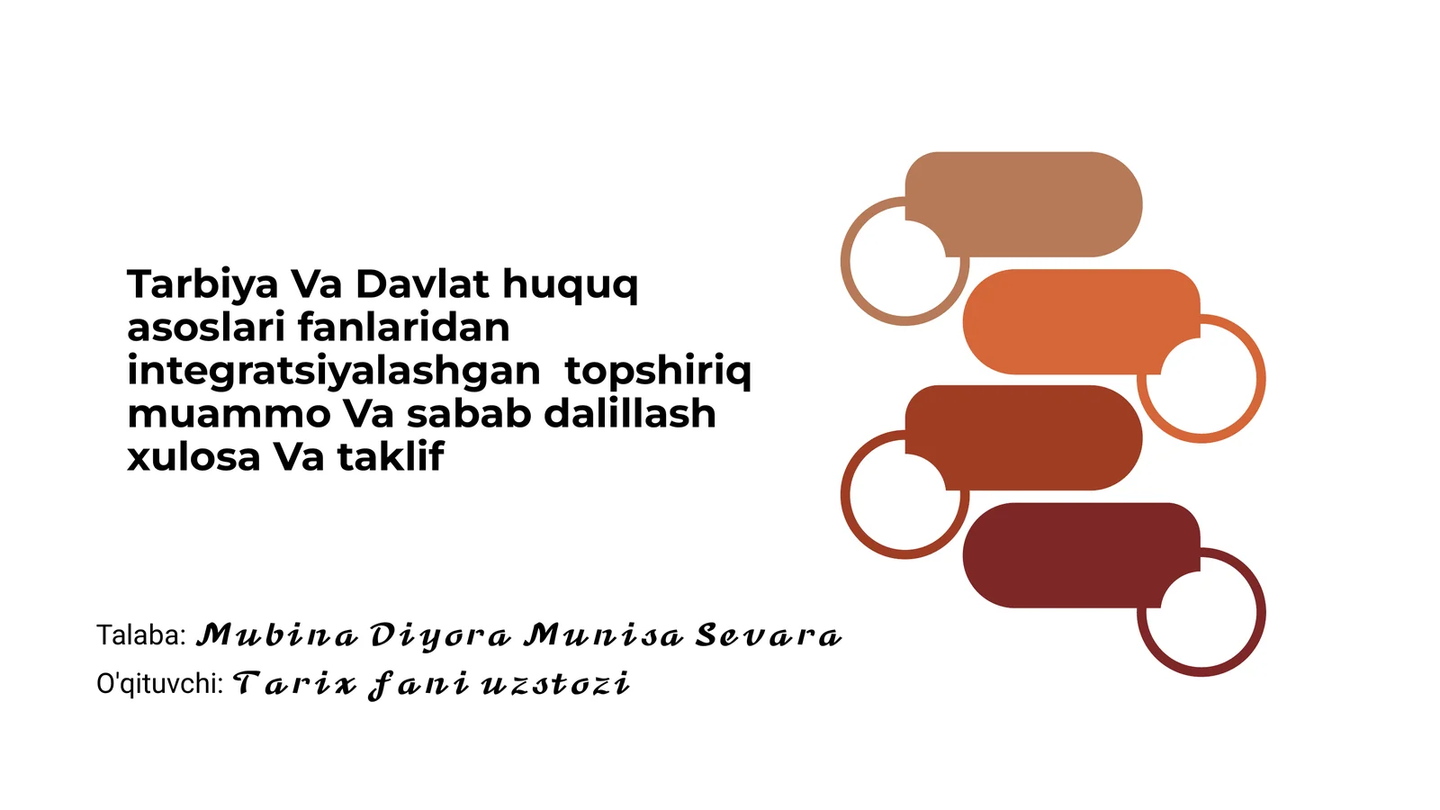 Tarbiya va Davlat Huquq asoslari fanlaridan integratsiyalashgan topshiriq muammo Va sabab dalillash xulosa Va taklif