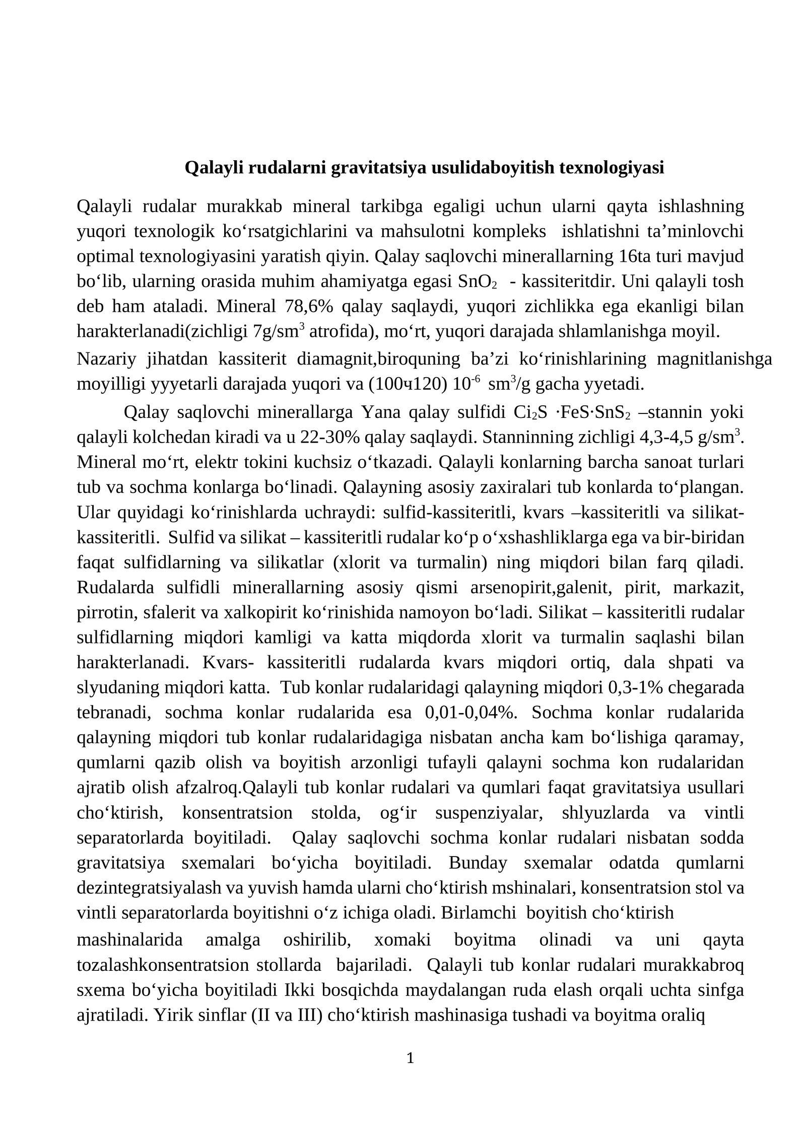 Qalayli rudalarni gravitatsiya usulidaboyitish texnologiyasi